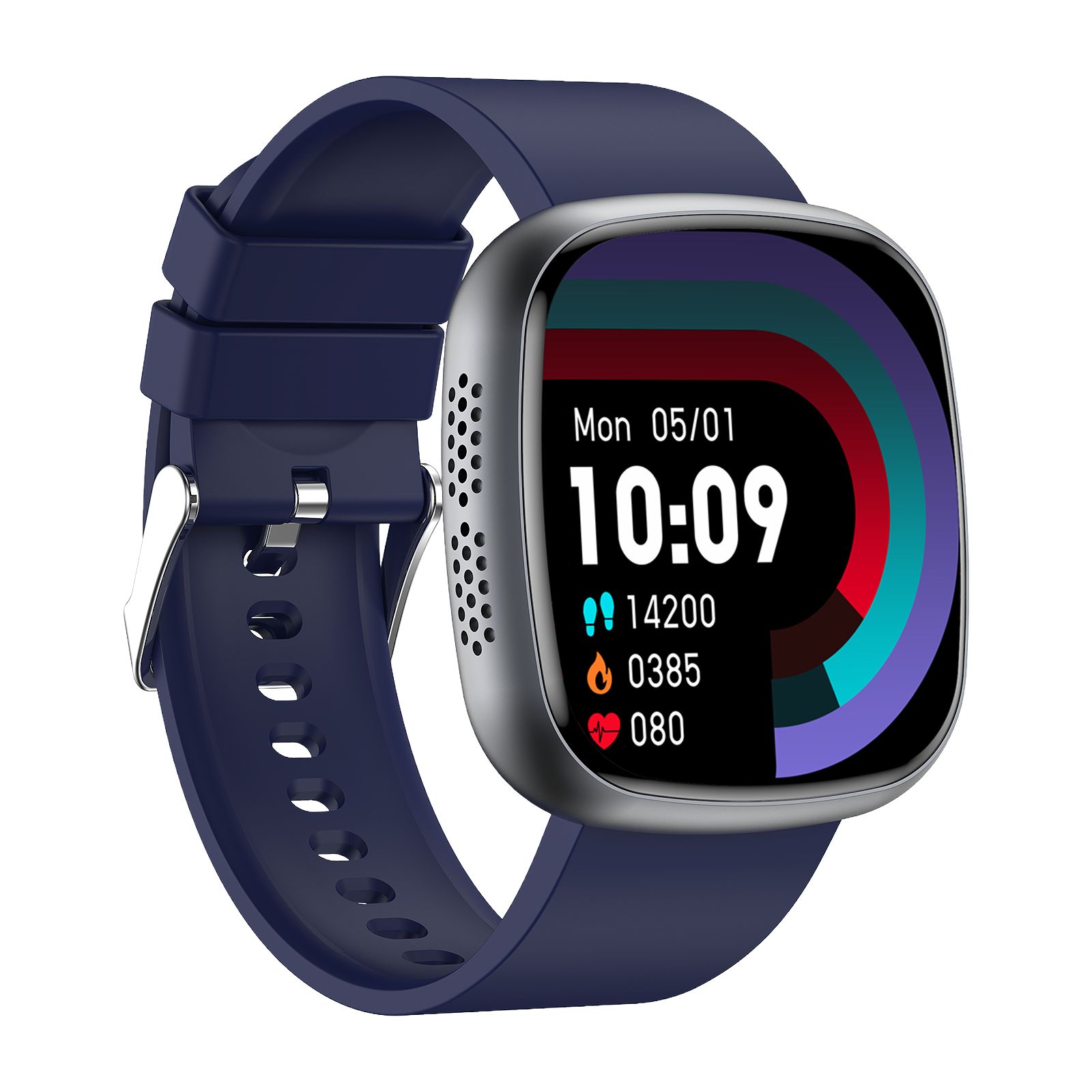 Smartwatch mit blauem Armband. Quadratisches Display mit Uhrzeit und Gesundheitsdaten. Silberner Rahmen.