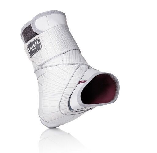 Knöchelbandage, weiß mit grauen Akzenten, von oben gesehen. Das Produkt hat Klettverschlüsse und das Logo "push" ist sichtbar.