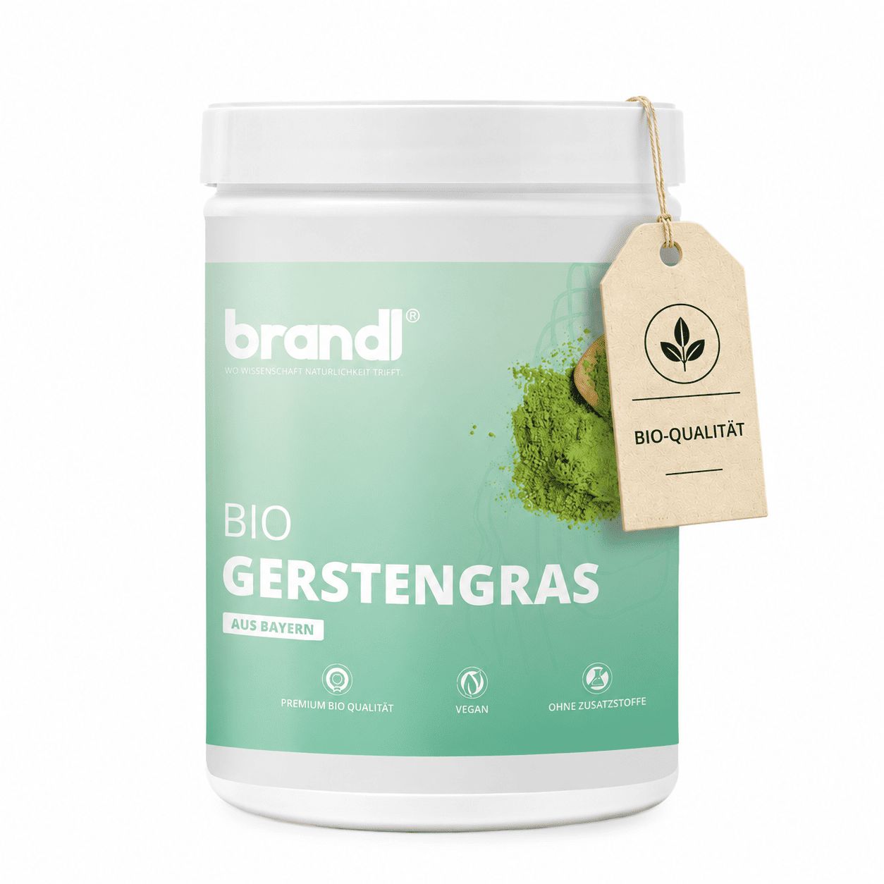 Dose 'brandl® BIO Gerstengras' mit Anhänger 'BIO-Qualität'. Text: 'Aus Bayern', 'Premium Bio Qualität', 'Vegan', 'Ohne Zusätze'.