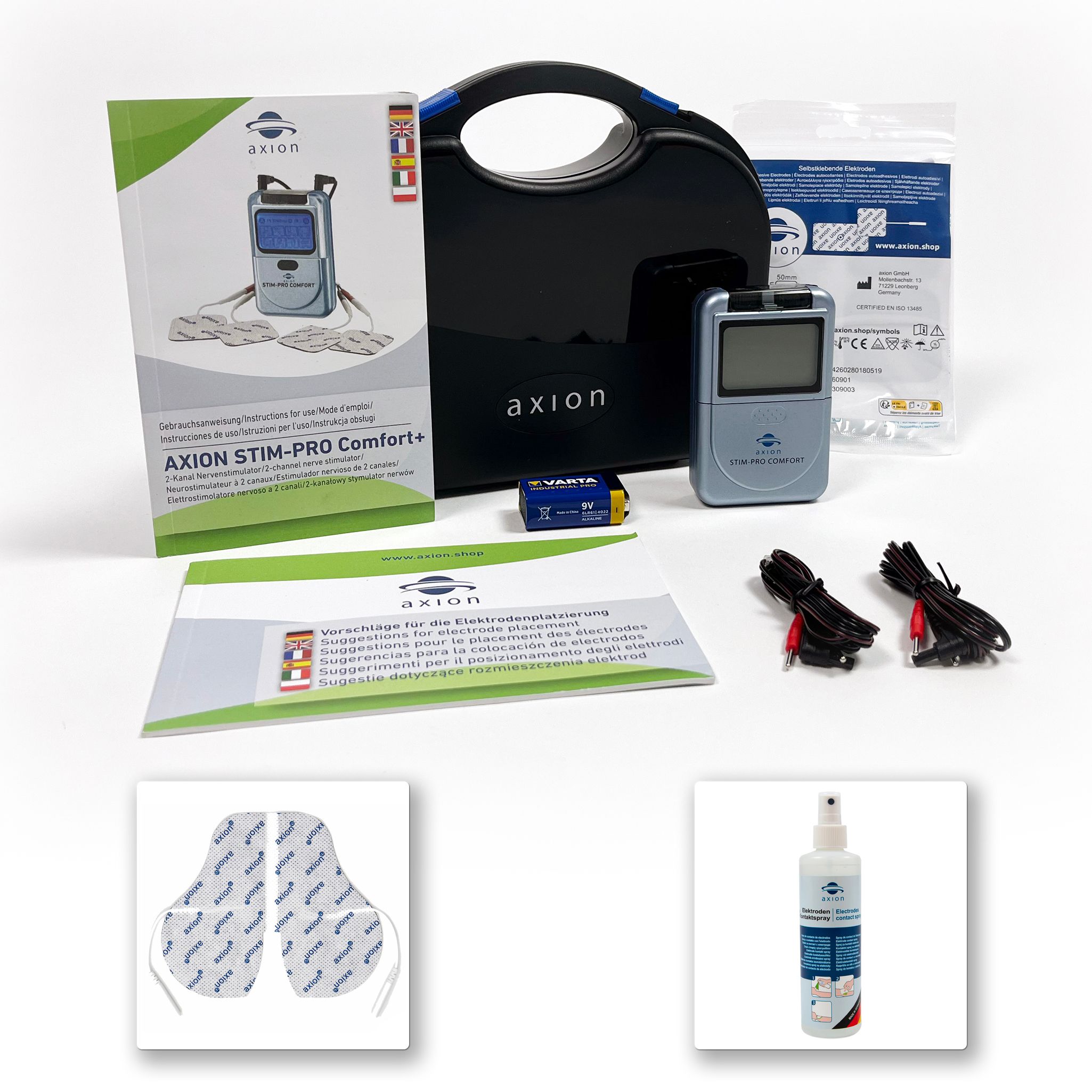 axion® 2 Kanal TENS Gerät STIM-PRO COMFORT mit Reinigungsspray und Nackenelektrode