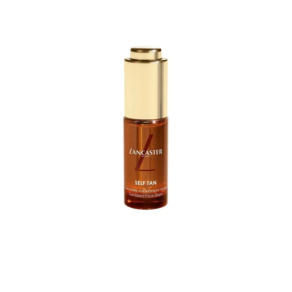 Braune Glasflasche mit goldfarbenem Deckel. Aufschrift: Lancaster, Self Tan, Sun-kissed Face Drops.