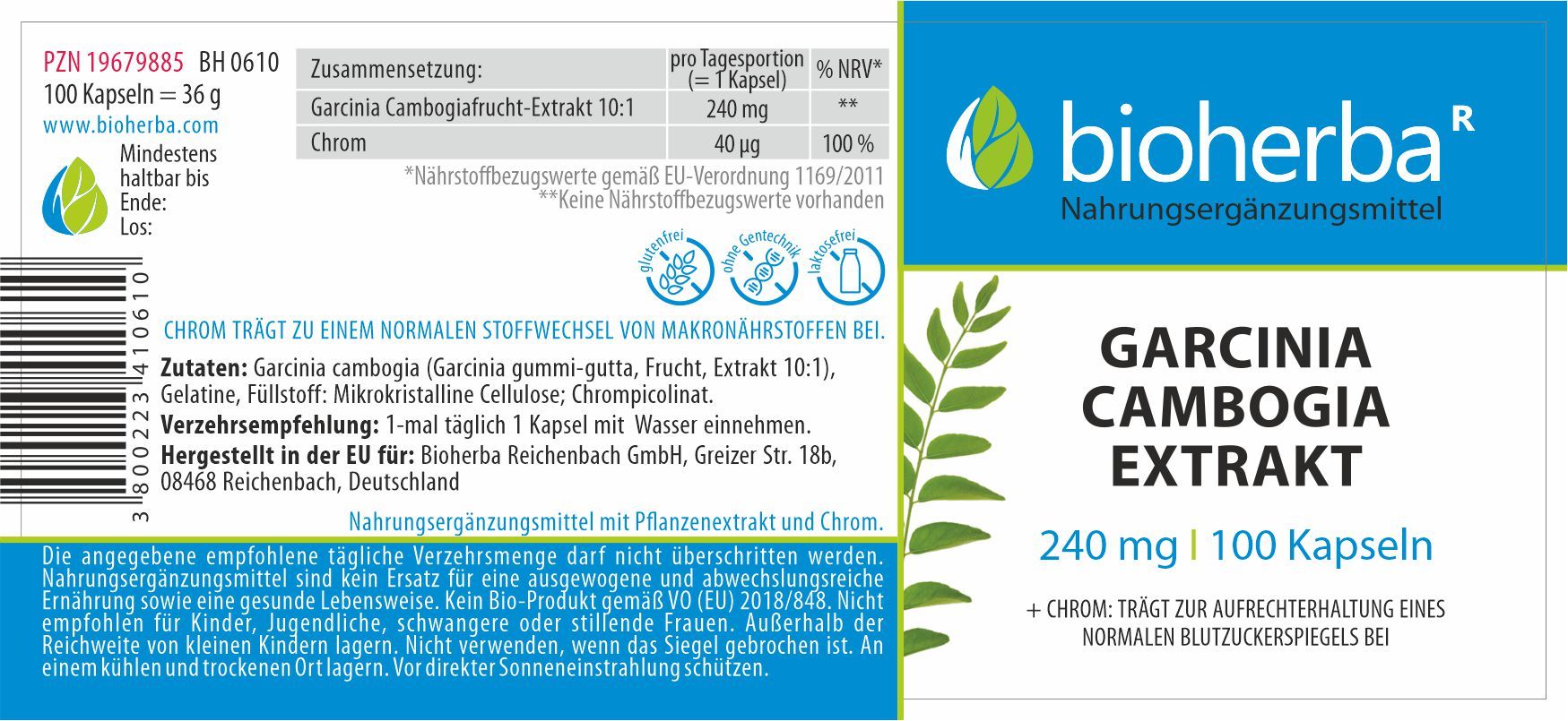 Etikett mit Produktinformationen. Enthält Garcinia Cambogia Extrakt, 240 mg, 100 Kapseln. Marke: Bioherba.
