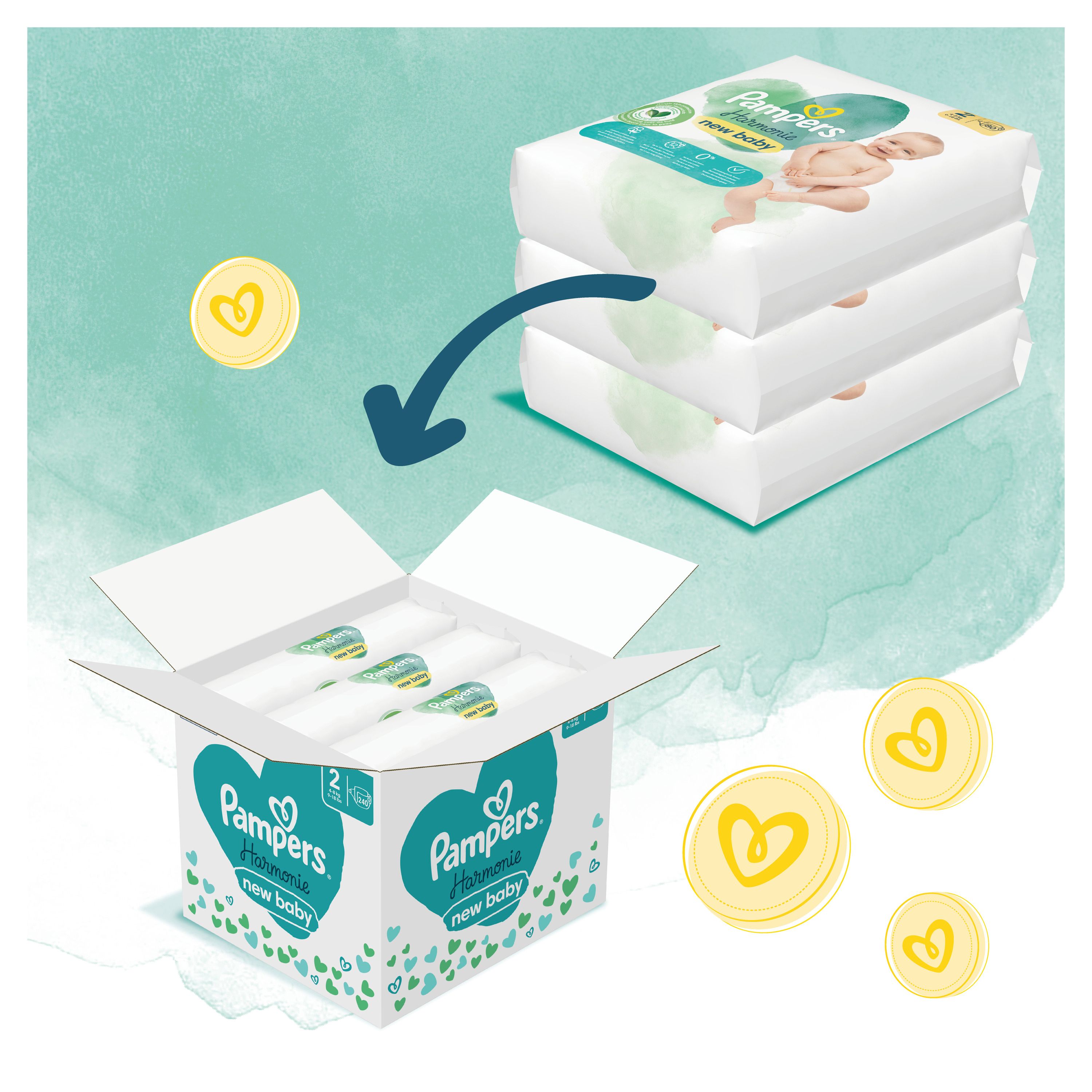 Windeln-Box mit Pampers Harmonie Packungen. Illustration zeigt Box mit geöffnetem Deckel und Münzen. Produkt: "new baby".
