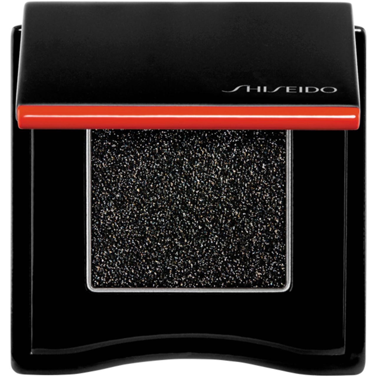Schwarzer Lidschatten in quadratischer, schwarzer Kompaktverpackung mit rotem Akzent und Shiseido-Logo.