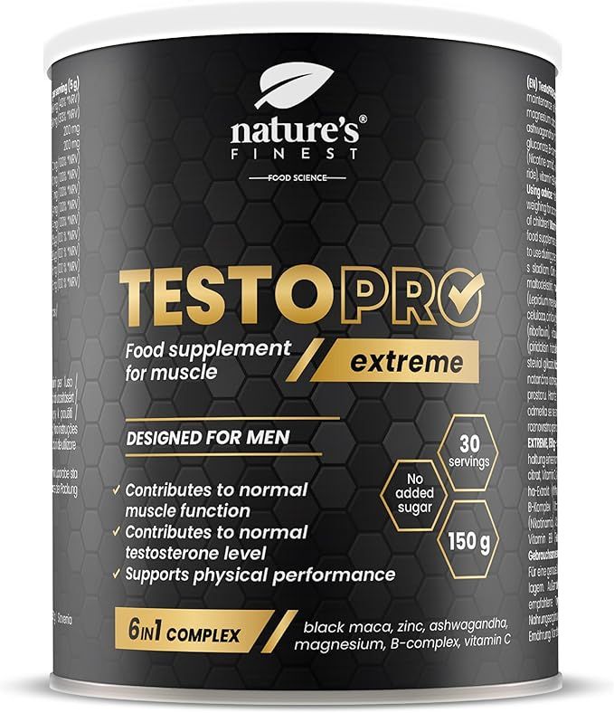 Dose Testo Pro Extreme von Nature's Finest. Nahrungsergänzungsmittel für Muskeln. 150g, 30 Portionen. Für Männer.