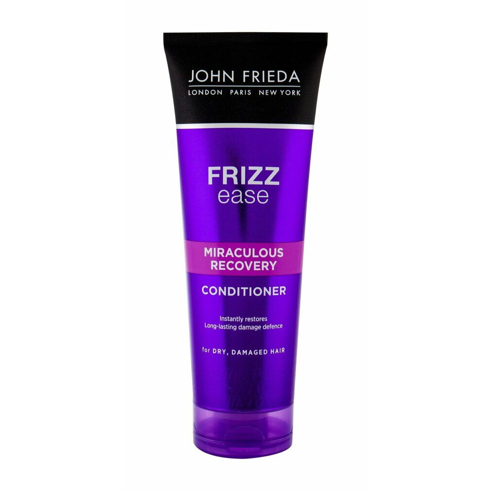 Violette Tube mit schwarzem Deckel. Aufschrift: John Frieda, Frizz Ease, Miraculous Recovery Conditioner. Für trockenes, geschädigtes Haar.
