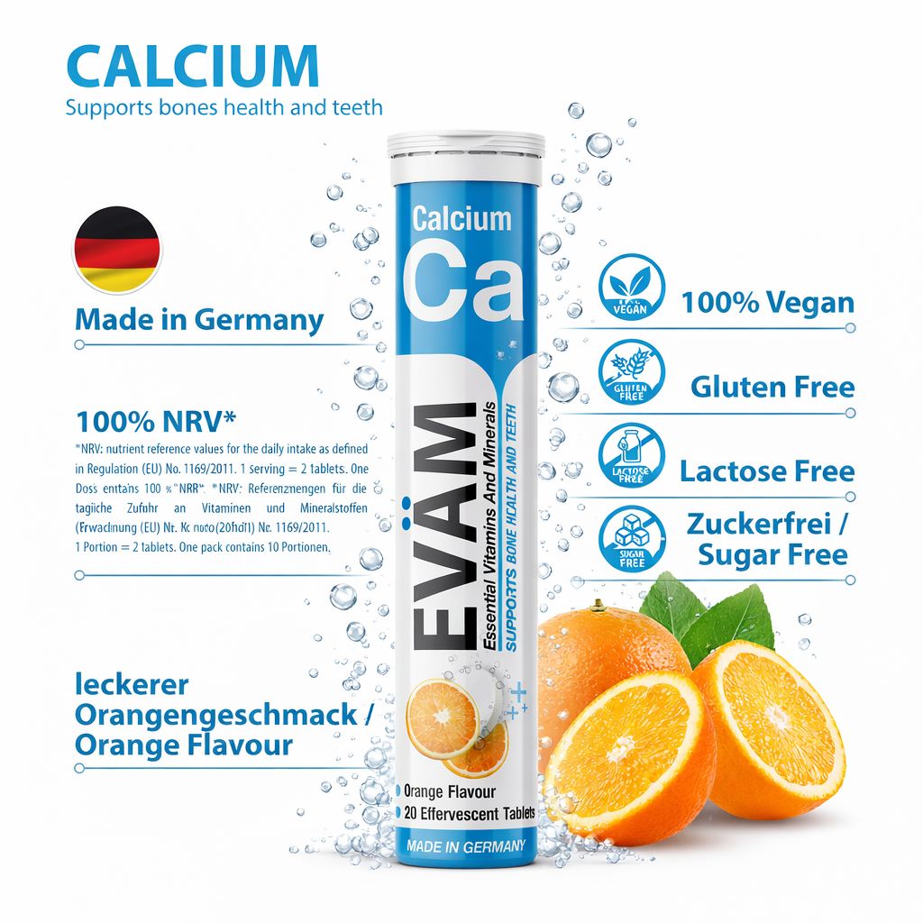 Calcium-Brausetabletten in einer Tube. Mit Orangen-Aroma. Vegan, glutenfrei, laktosefrei, zuckerfrei. Hergestellt in Deutschland.
