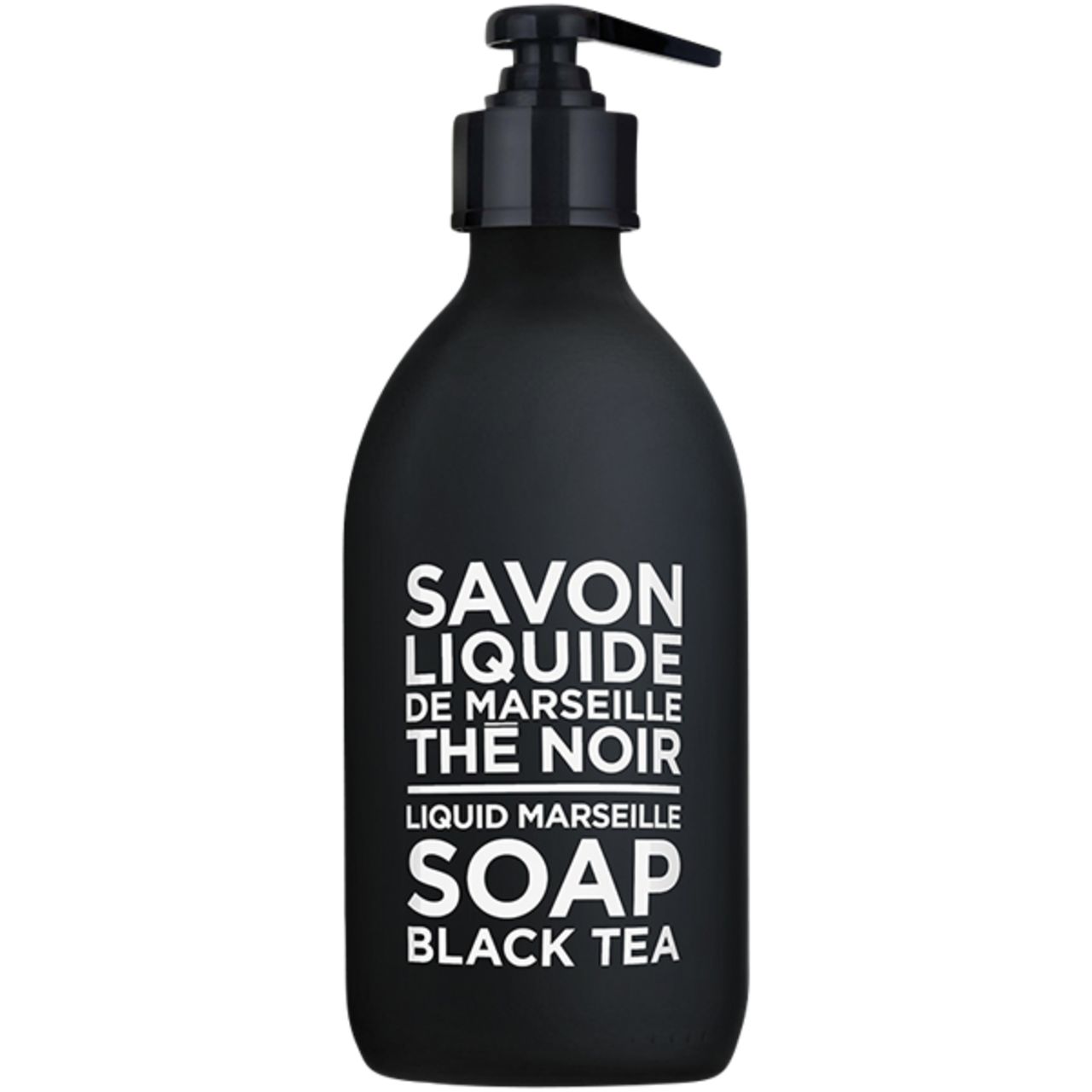 Schwarze Seife mit Pumpe. Text: Savon Liquide de Marseille The Noir, Liquid Marseille Soap, Black Tea.
