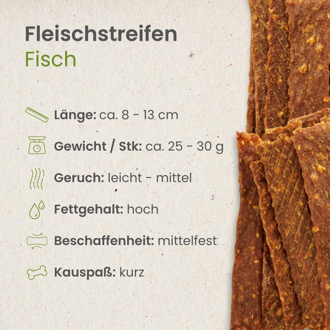 Fisch-Fleischstreifen für Hunde: 8-13 cm lang, proteinreich, schonend getrocknet, 100% Fisch.