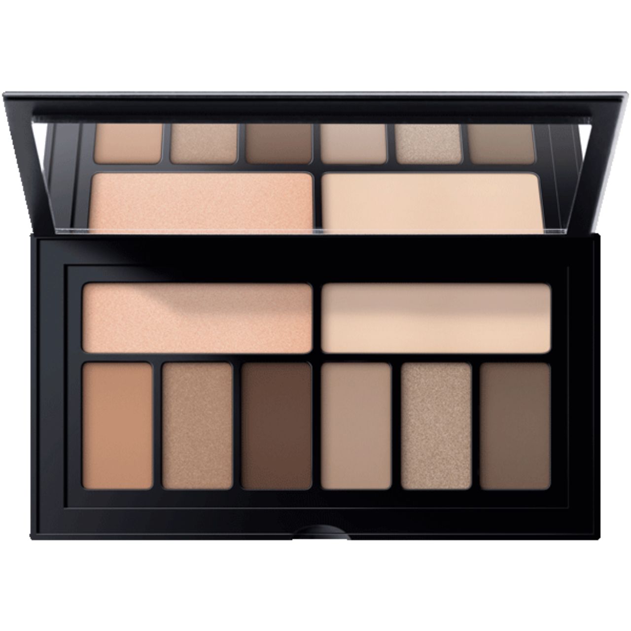 Smashbox Cover Shot Eye Palette. Schwarze Palette mit 12 Lidschattenfarben und Spiegel. Geöffnet, Blick auf die Farben.