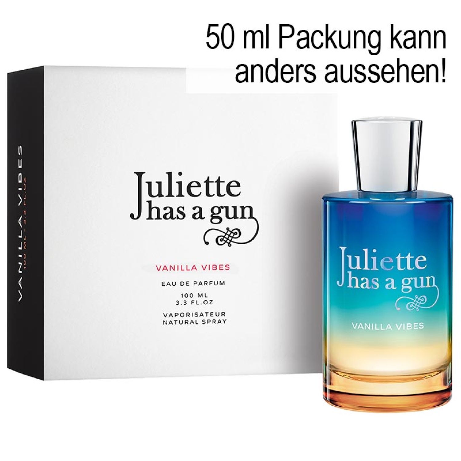 Juliette Has A Gun Vanilla Vibes Eau de Parfum Spray. Flakon und Verpackung. Aufschrift: Vanilla Vibes, Eau de Parfum, 100 ml.