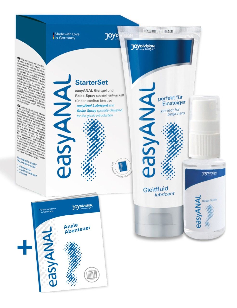 Produkt-Set mit easyANAL StarterSet, Gleitmittel, Spray und Broschüre. Verpackung und Produkte nebeneinander.