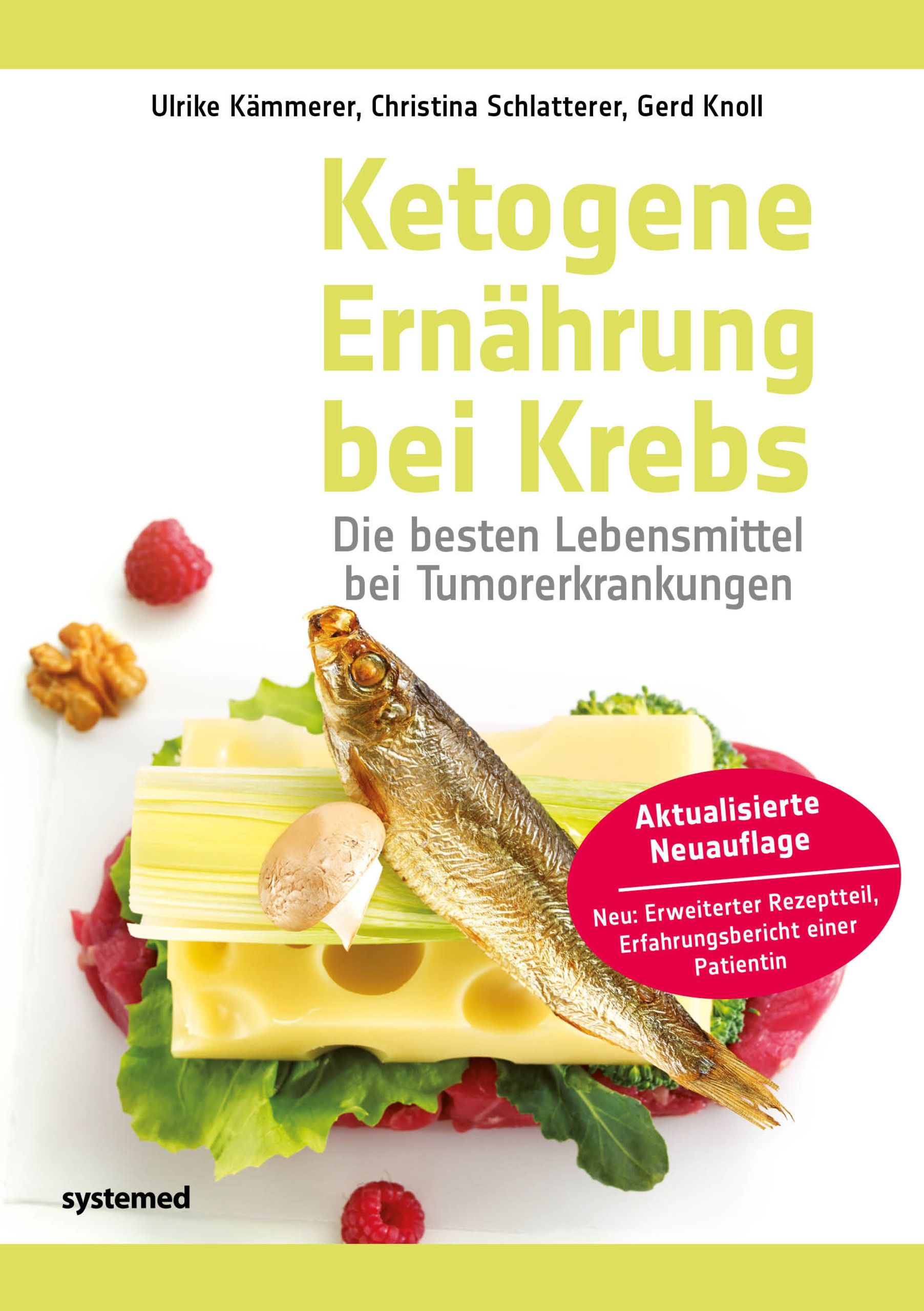 Buchcover: Ketogene Ernährung bei Krebs. Titel und Autoren sichtbar. Abbildung von Lebensmitteln.