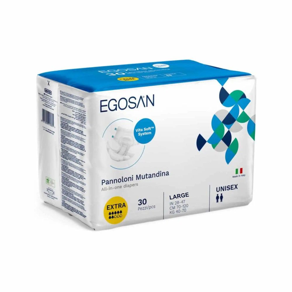 Verpackung von Egosan-Windeln. Blaue und weiße Verpackung mit Produktbezeichnung, 30 Stück, Größe L, Unisex. Italienische Flagge.