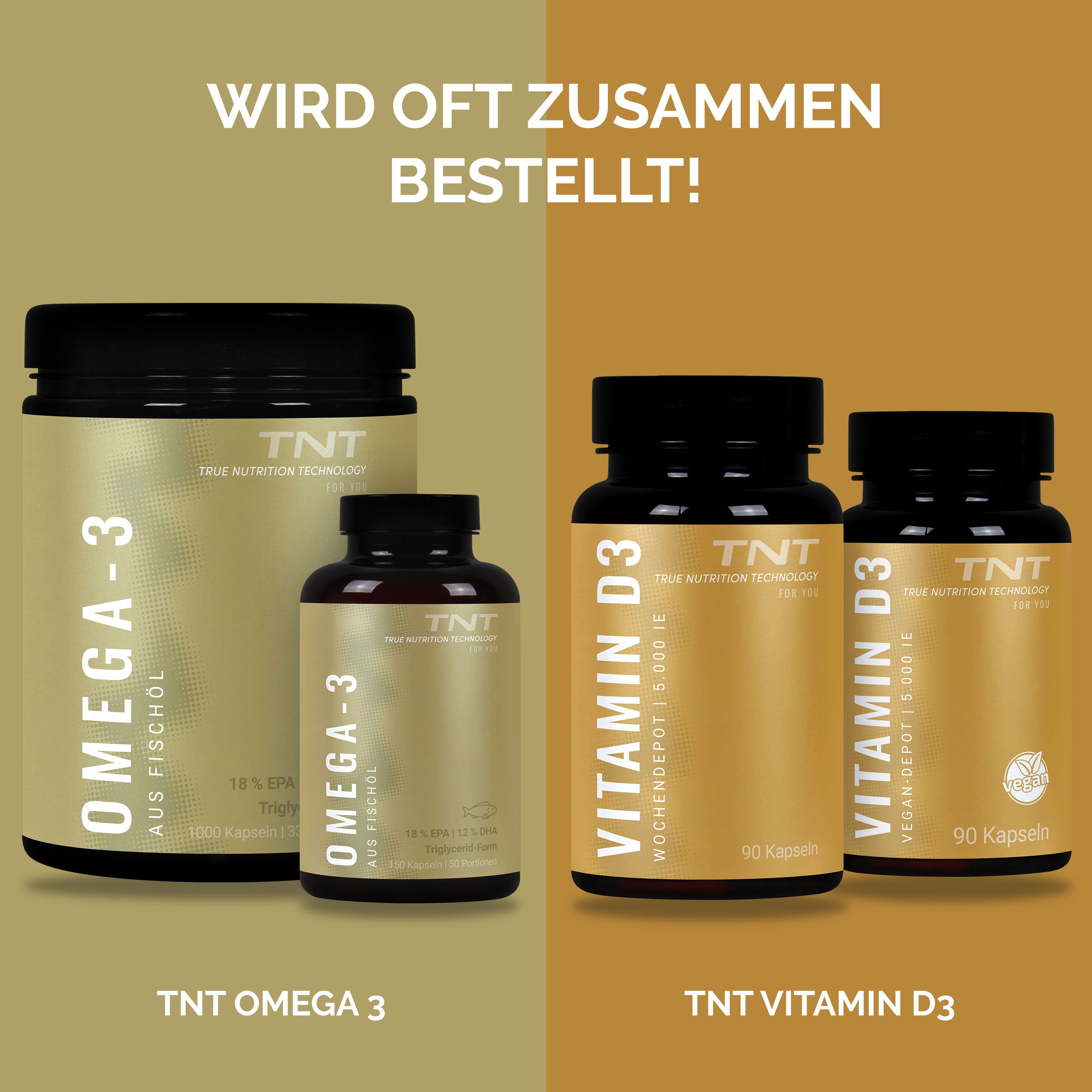 TNT Omega-3 und Vitamin D3 Flaschen. Text: Wird oft zusammen bestellt!