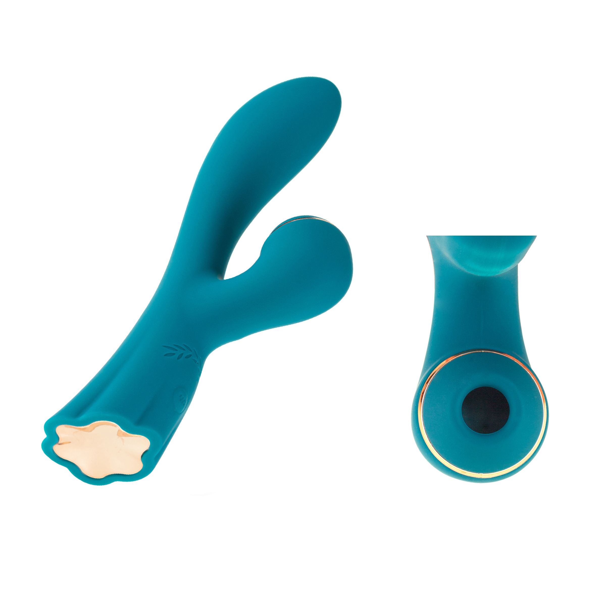 Türkisfarbenes Sexspielzeug, bestehend aus zwei Teilen. Mit goldfarbenen Akzenten.