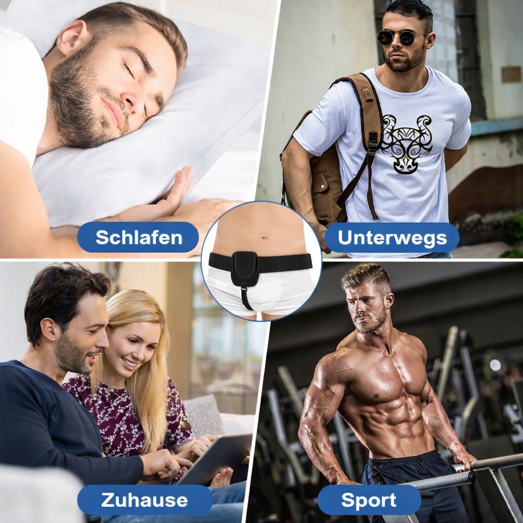 Anwendungsbeispiele des Leistenstützgürtels. Szenen: Schlafen, unterwegs, zu Hause, Sport. Personen tragen den Gürtel.