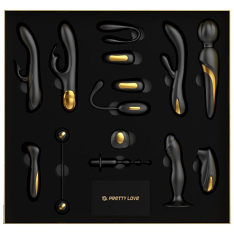 Schwarzes Set mit verschiedenen Sextoys und goldenen Akzenten in einer schwarzen Box. Pretty Love Logo.