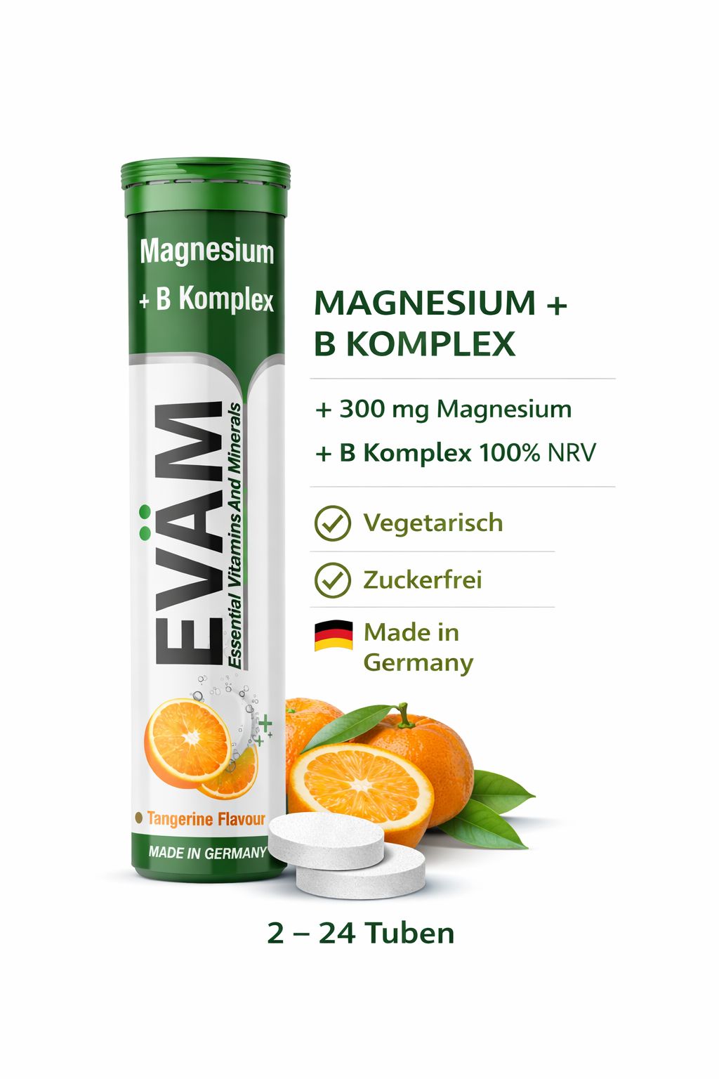 Tuben EVÄM Magnesium + B Komplex. Text: Essential Vitamins And Minerals. Orange-Geschmack. Vegetarisch, zuckerfrei. Made in Germany.