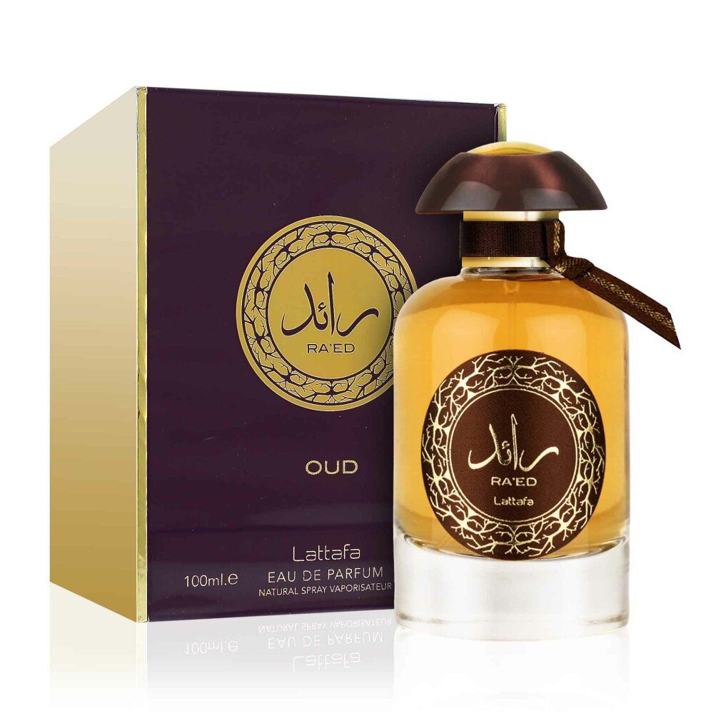 Parfümflakon mit braunem Deckel und Verpackung. Aufschrift: Ra'ed Oud Lattafa Eau de Parfum.