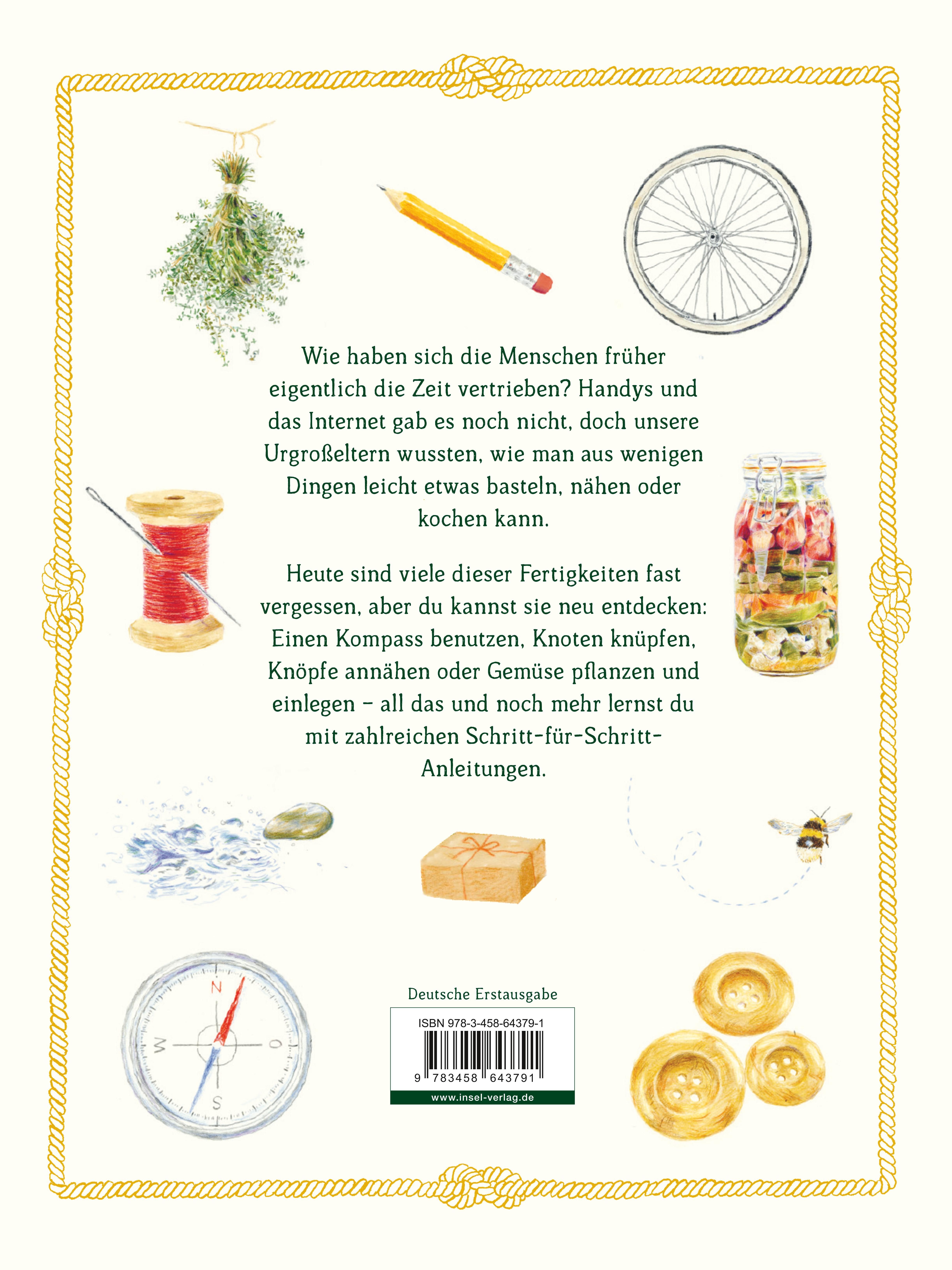 Buchrücken mit Illustrationen. Titel: Das Handbuch der vergessenen Fertigkeiten. Text und Illustrationen von Kompass, Nadel, Rad, Knöpfen.