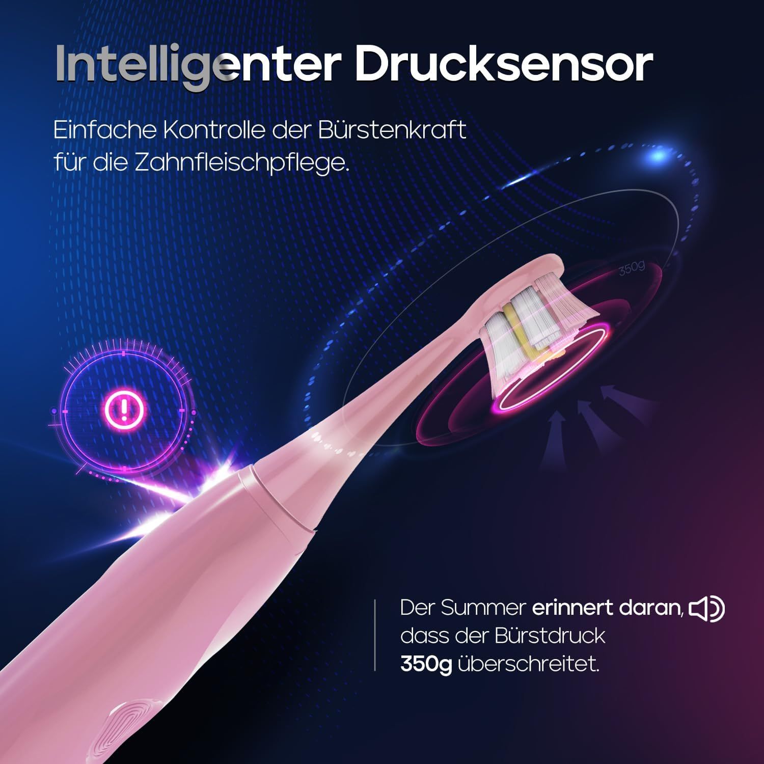 Rosa elektrische Zahnbürste mit intelligentem Drucksensor. Zeigt Warnung bei zu hohem Druck an.