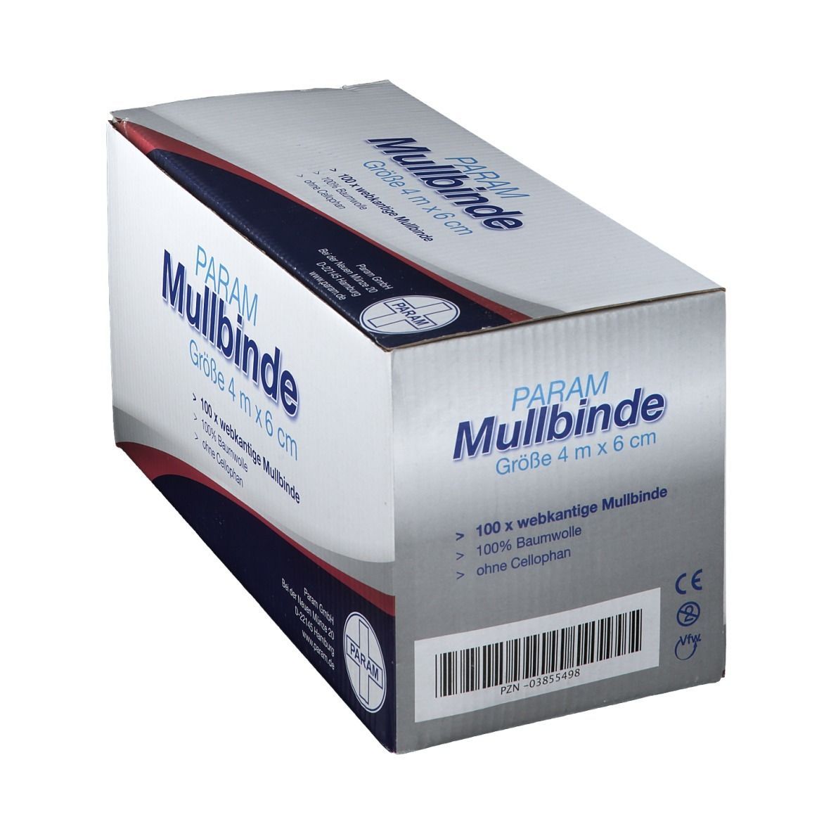Karton PARAM Mullbinde, 4 m x 6 cm. Text: 100 x webk. Mullbinde, 100% Baumwolle, ohne Cellophan. Logo PARAM.