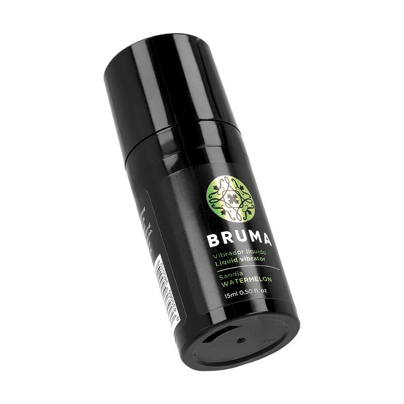 Schwarzer Spender mit Bruma Logo, "Liquid Vibrator" und "Sandia Watermelon" Aufschrift, 15ml.