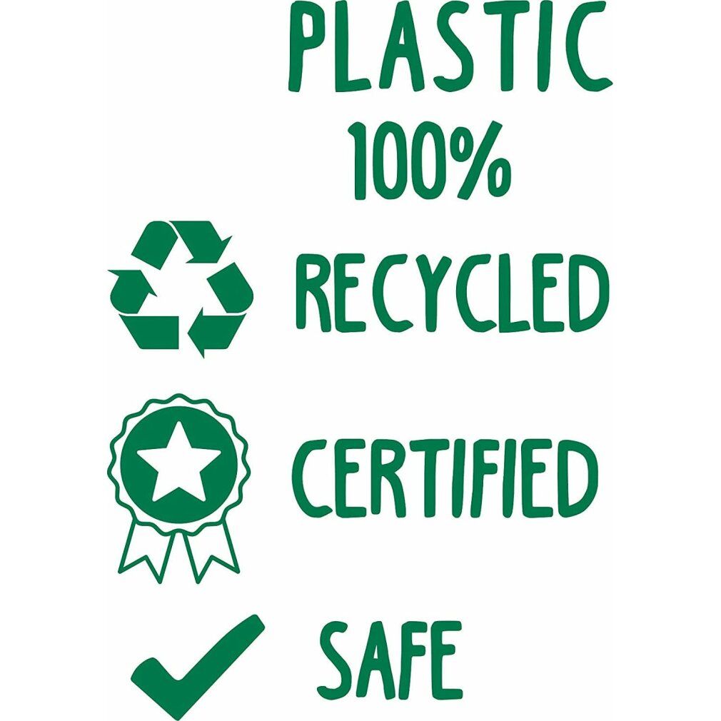 Grünes Logo mit Text: Plastic 100% Recycled, Certified, Safe. Grünes Qualitätssiegel mit Stern und Häkchen.