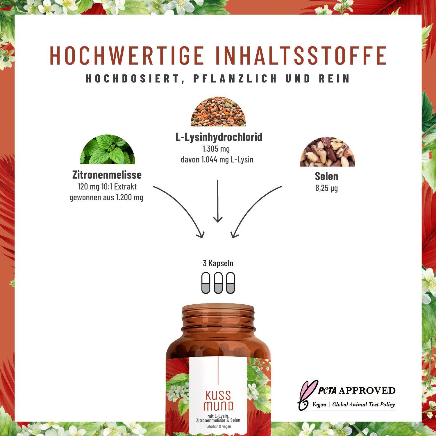 L-Lysin, Selen und Zitronenmelisse - Kussmund Naturtreu® 51,8 g Kapseln