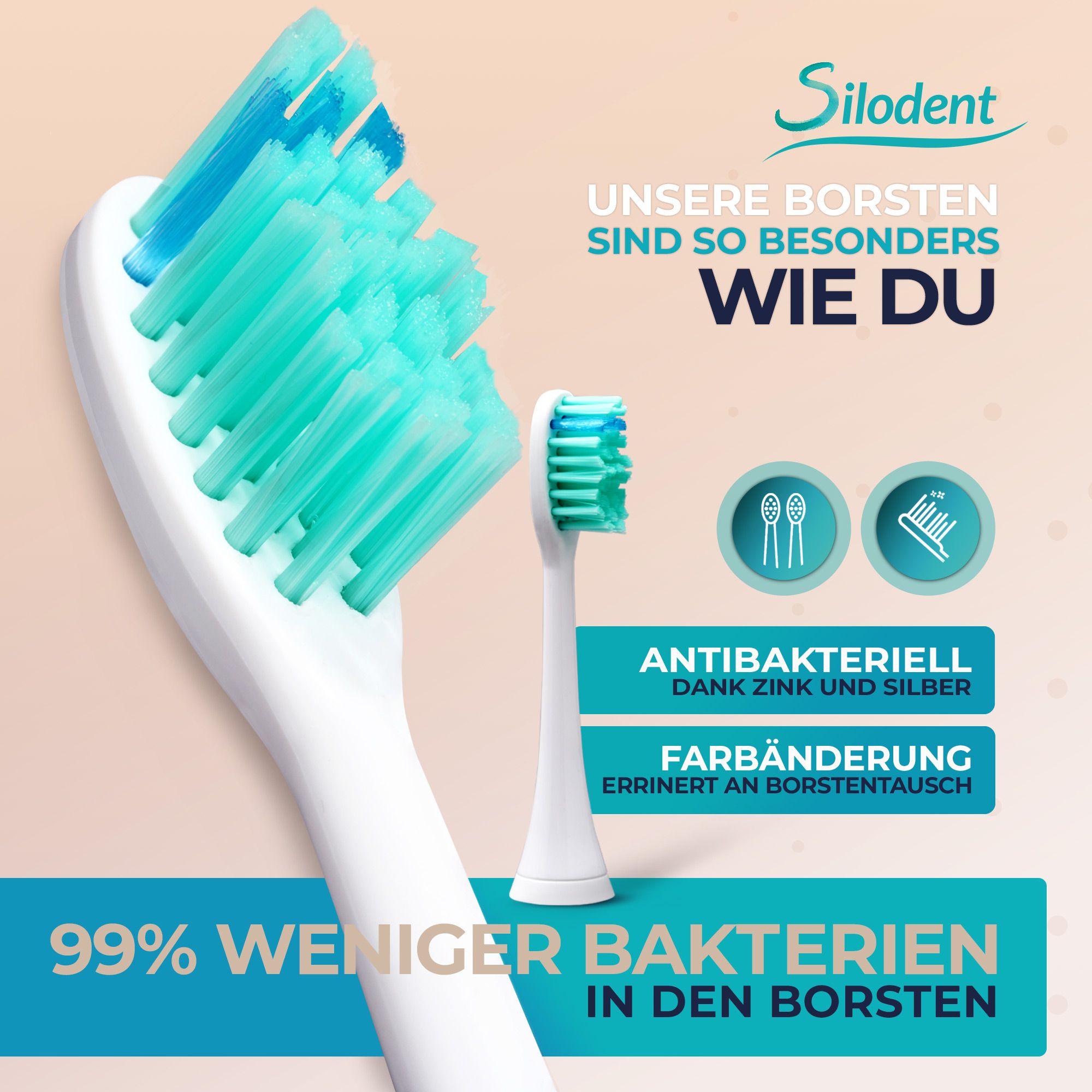 Silodent Schallzahnbürste Champagne. Zahnbürstenköpfe mit antiseptischen Borsten