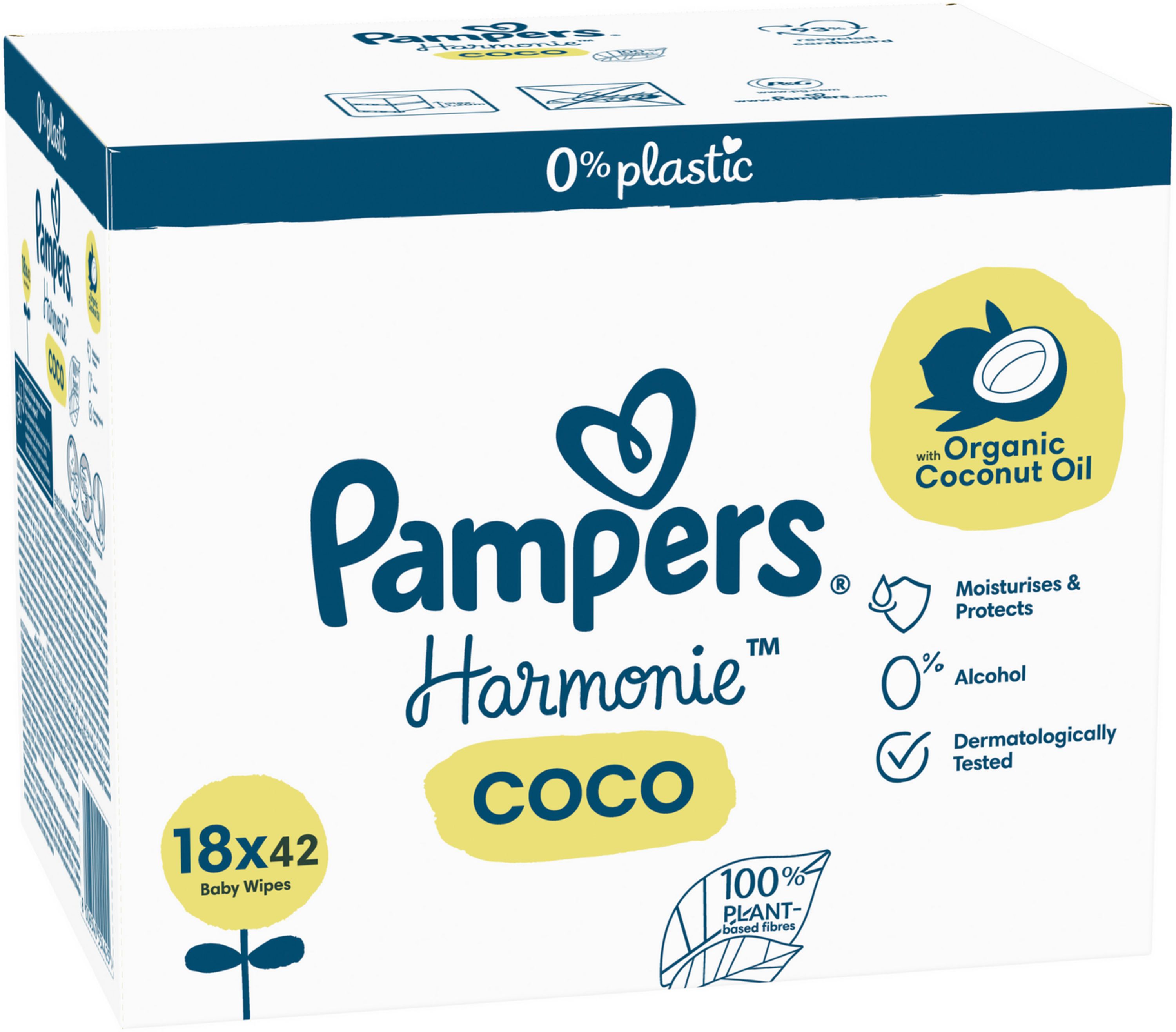Verpackung von Pampers Harmonie Coco Feuchttüchern. 18x42 Tücher. 0% Plastik. Mit Bio-Kokosöl. Dermatologisch getestet.