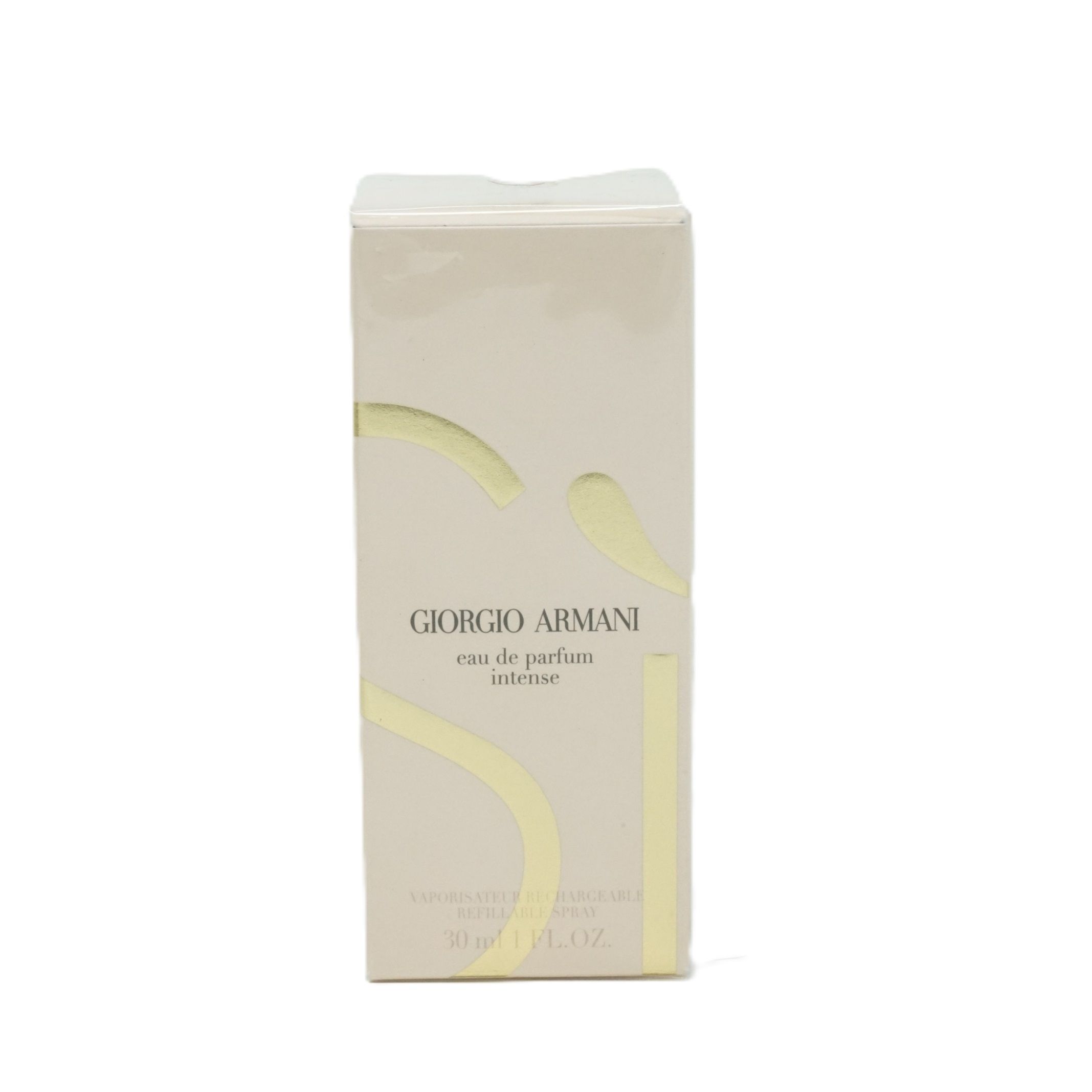Giorgio Armani Si Eau de Parfum Intense, in Verpackung. Rechteckige Schachtel mit gelben Akzenten und Produktnamen.