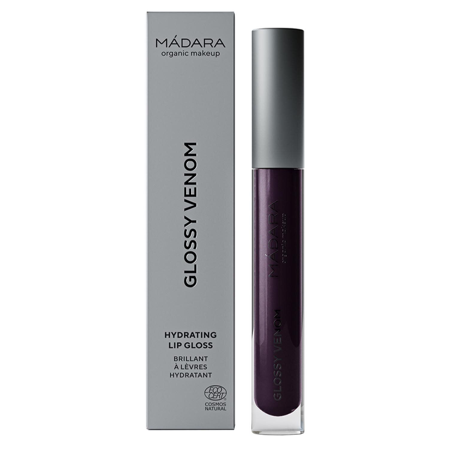 Lippen-Gloss mit silberner Kappe und Verpackung. Text: Glossy Venom, Hydrating Lip Gloss, MÁDARA organic makeup, COSMOS NATURAL.