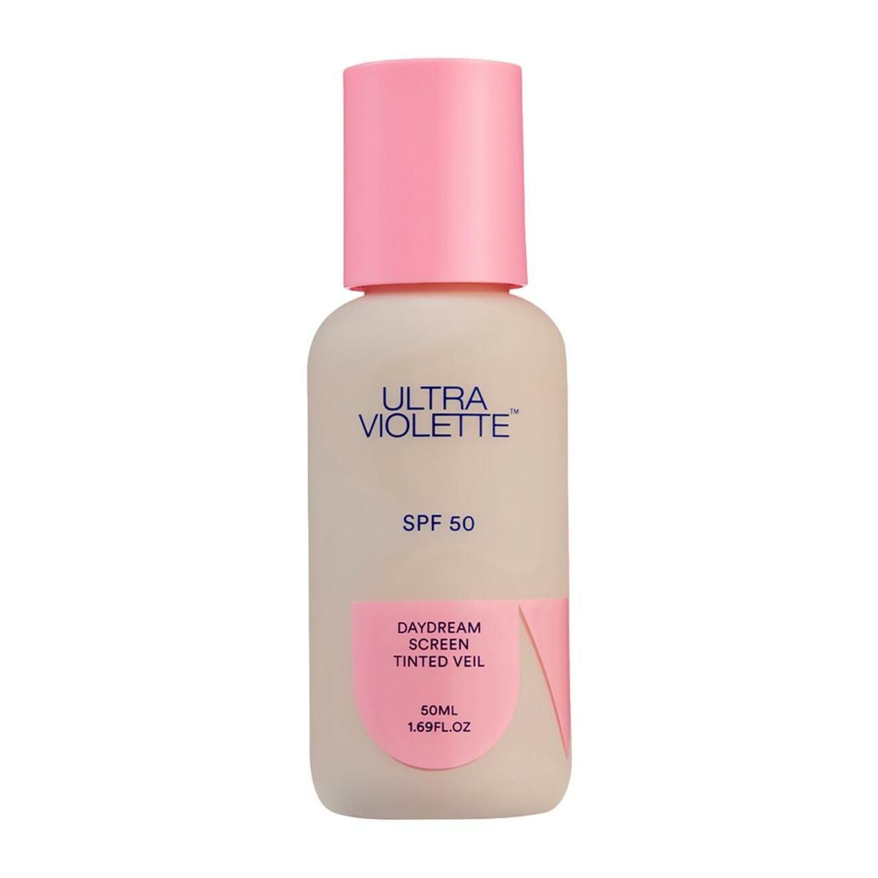 Beige Flasche mit rosa Deckel. Aufschrift: Ultra Violette, SPF 50, Daydream Screen Tinted Veil, 50ml, 1.69 fl.oz.