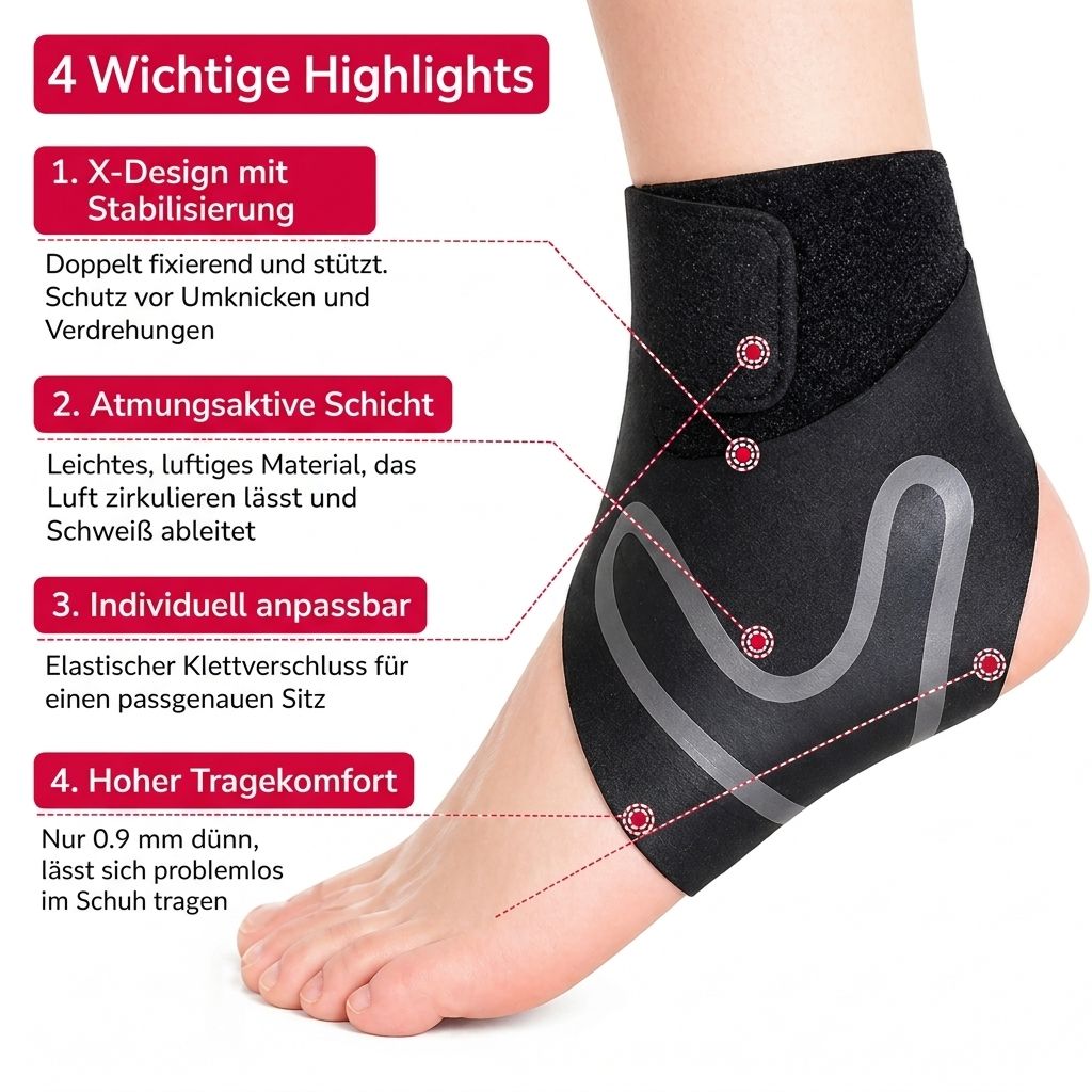 Schwarze Knöchelbandage am Fuß. X-Design, atmungsaktive Schicht, individuell anpassbar, hoher Tragekomfort.