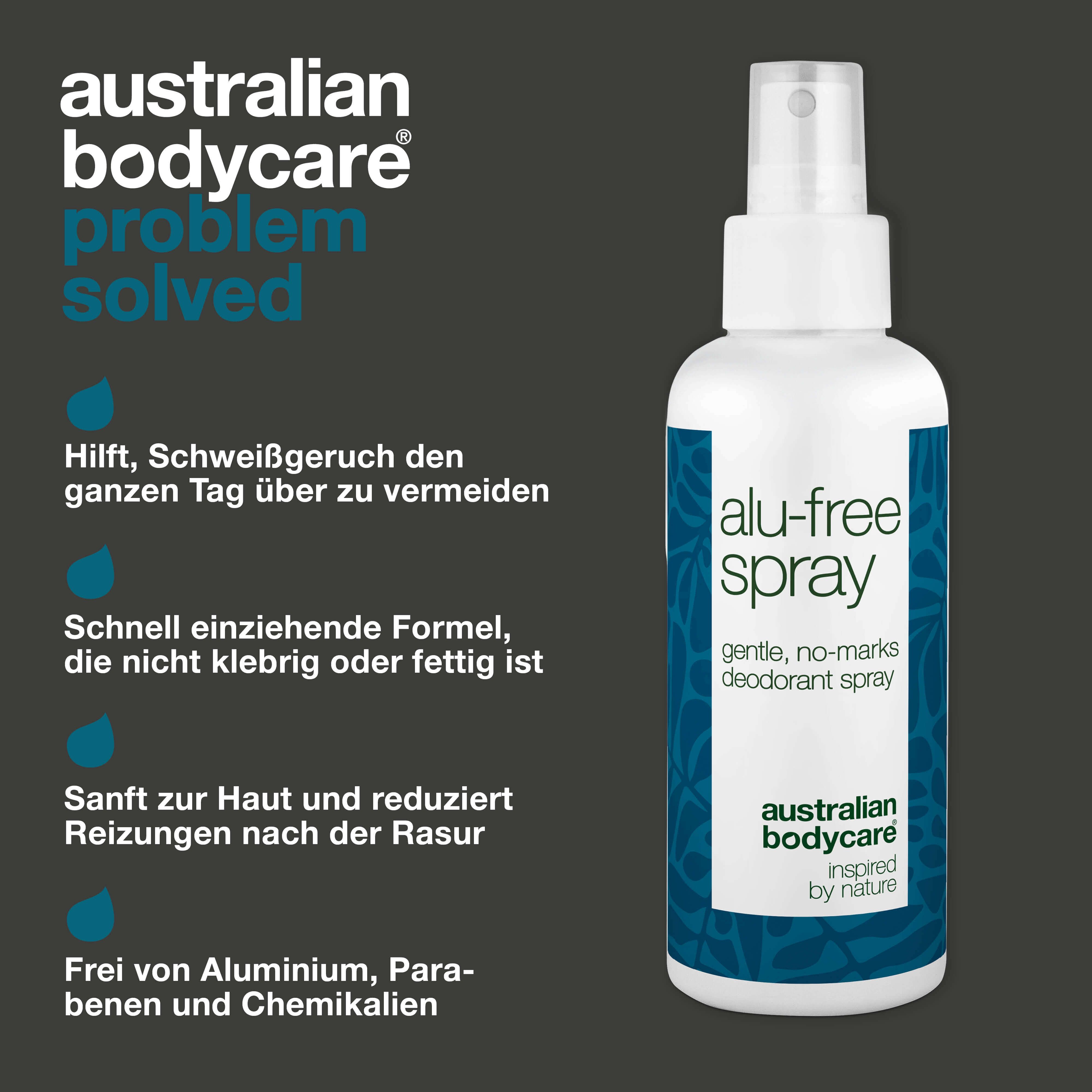 Deospray mit Text: alu-free spray, gentle, no-marks deodorant spray. Text: Australian Bodycare. Text: Problem solved.