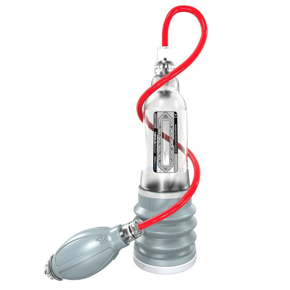 Klarer Zylinder mit rotem Schlauch und grauer Pumpe. Skala am Zylinder. Graue, geriffelte Basis.