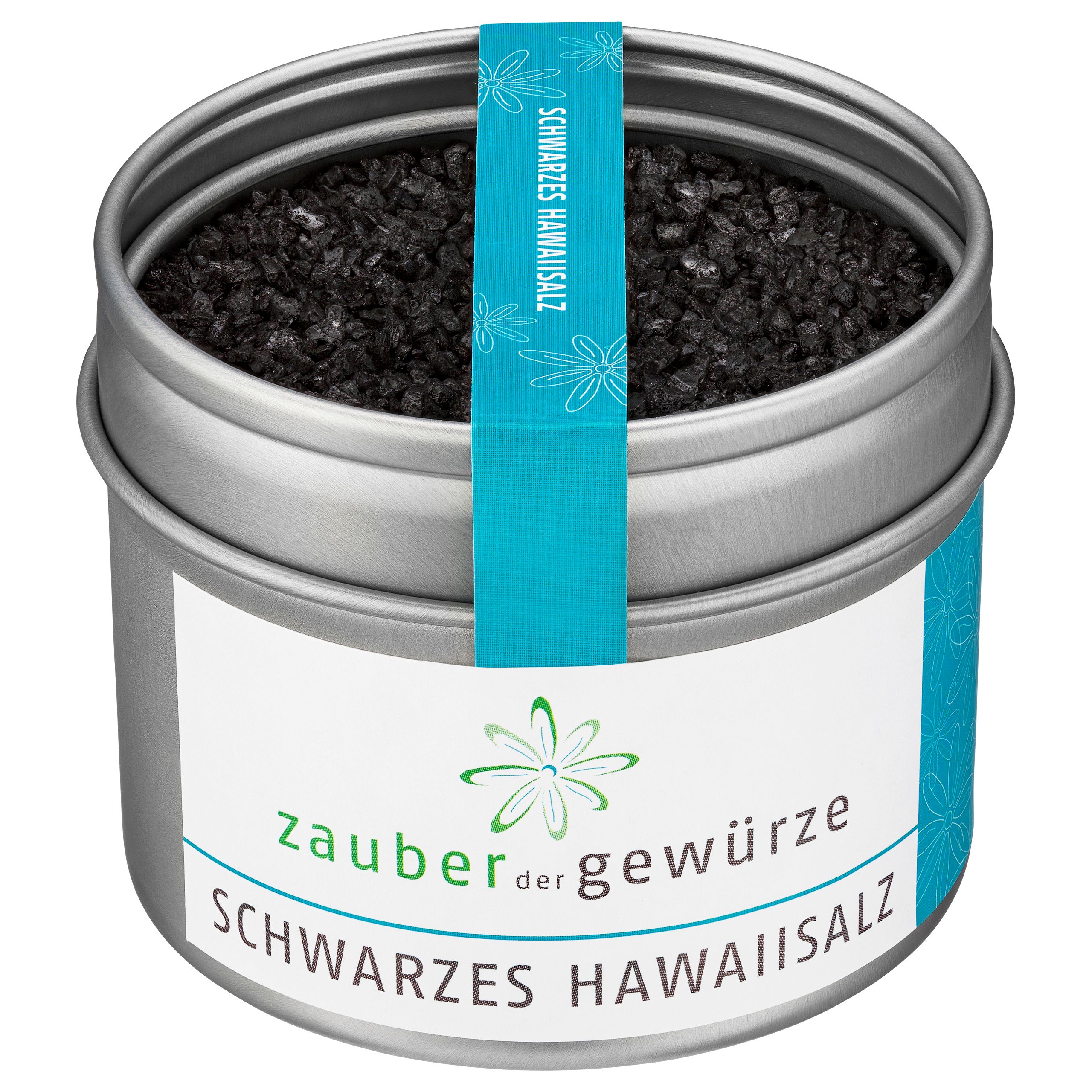 Runde Dose mit schwarzem Hawaii-Meersalz. Aufschrift: Zauber der Gewürze, Schwarzes Hawaii-Salz. Türkisfarbenes Band mit Aufschrift.