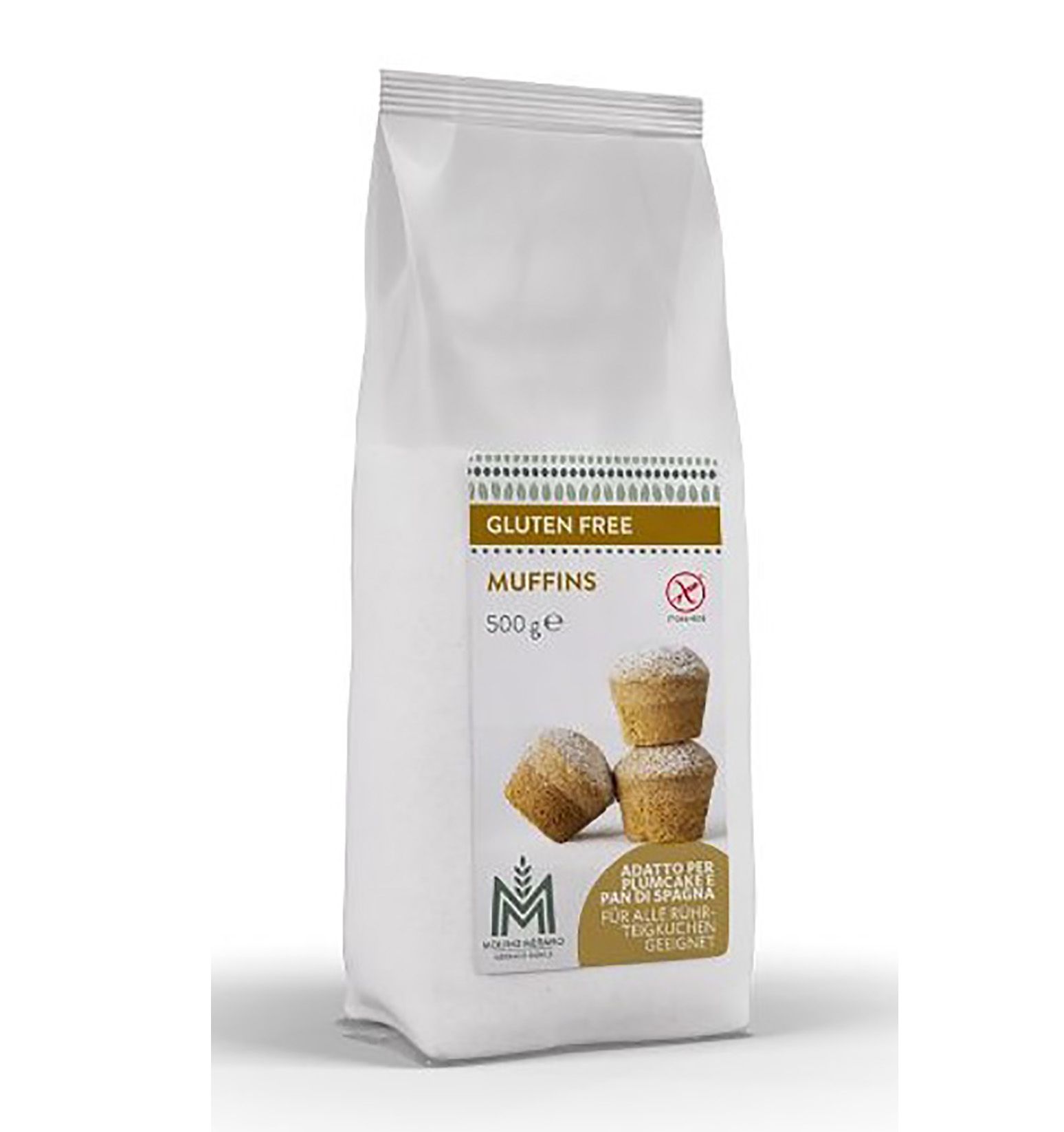 Backmischung für Muffins, glutenfrei, in weißer Verpackung. Mit Logo und Produktabbildung.