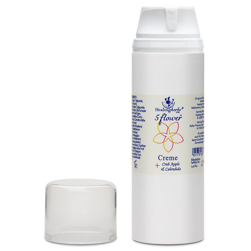 Weiße Creme-Flasche mit Deckel. Aufschrift: Healingherbs 5 flower Creme + Crab Apple & Calendula.