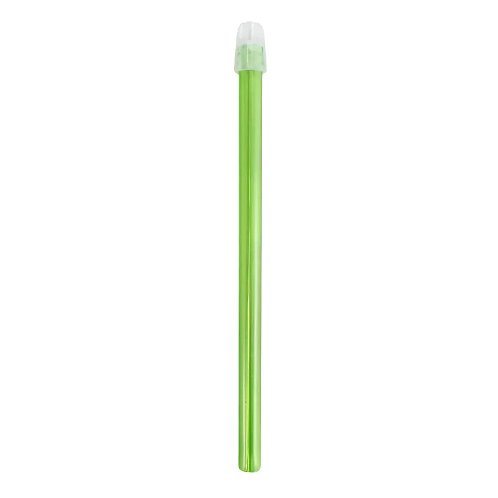 Grüner Speichelsauger mit transparentem Mundstück. Zylindrische Form, länglich. Auf weißem Hintergrund.