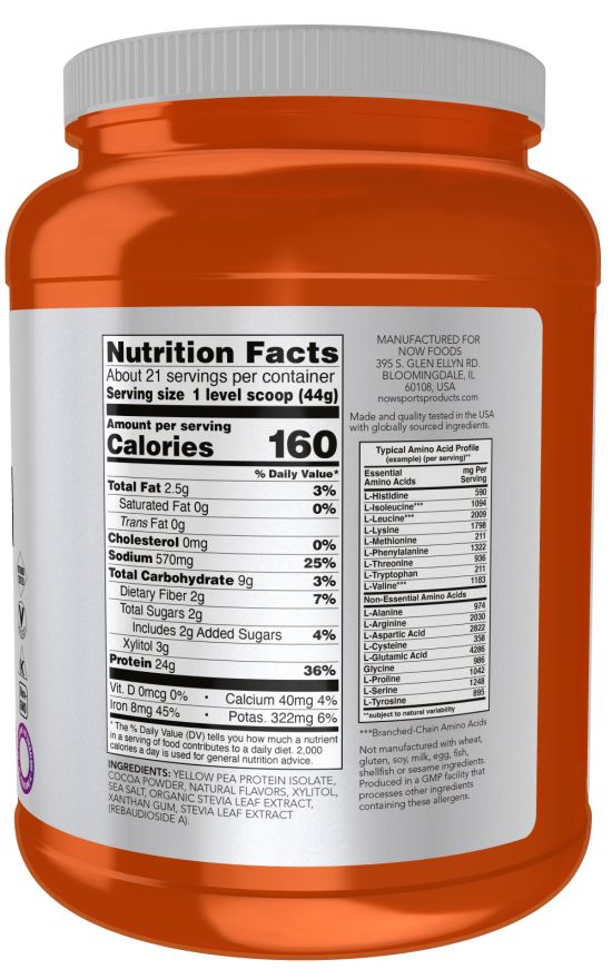 Rückseite des Behälters. Enthält Nährwertangaben und Aminosäureprofil. NOW FOODS-Logo. Zertifizierungen: Informed-Sport, Vegan, Non-GMO.
