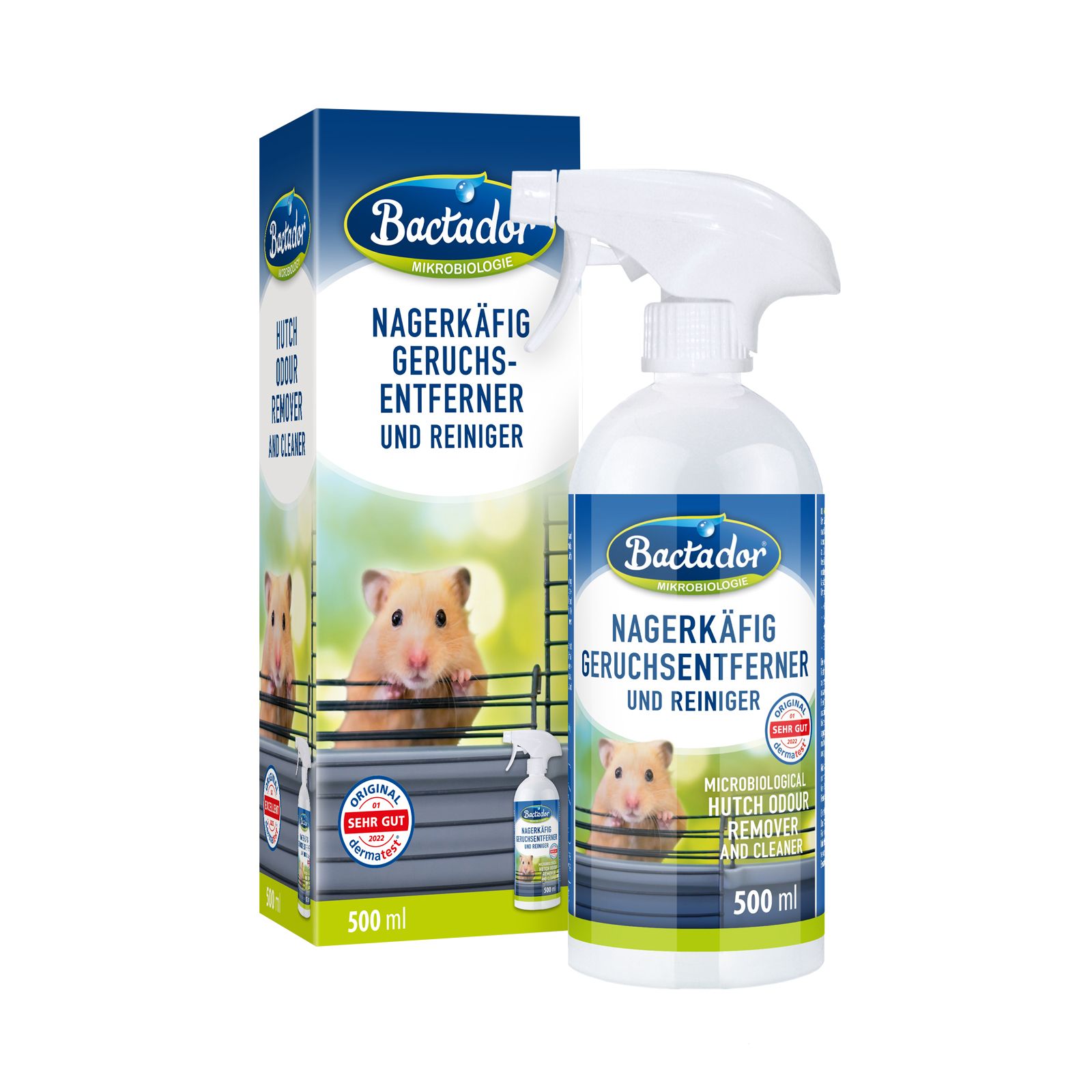 Bactador Nagerkäfig Geruchsentferner und Reiniger. Flasche und Verpackung mit Hamster-Motiv. Sprühflasche mit 500 ml.