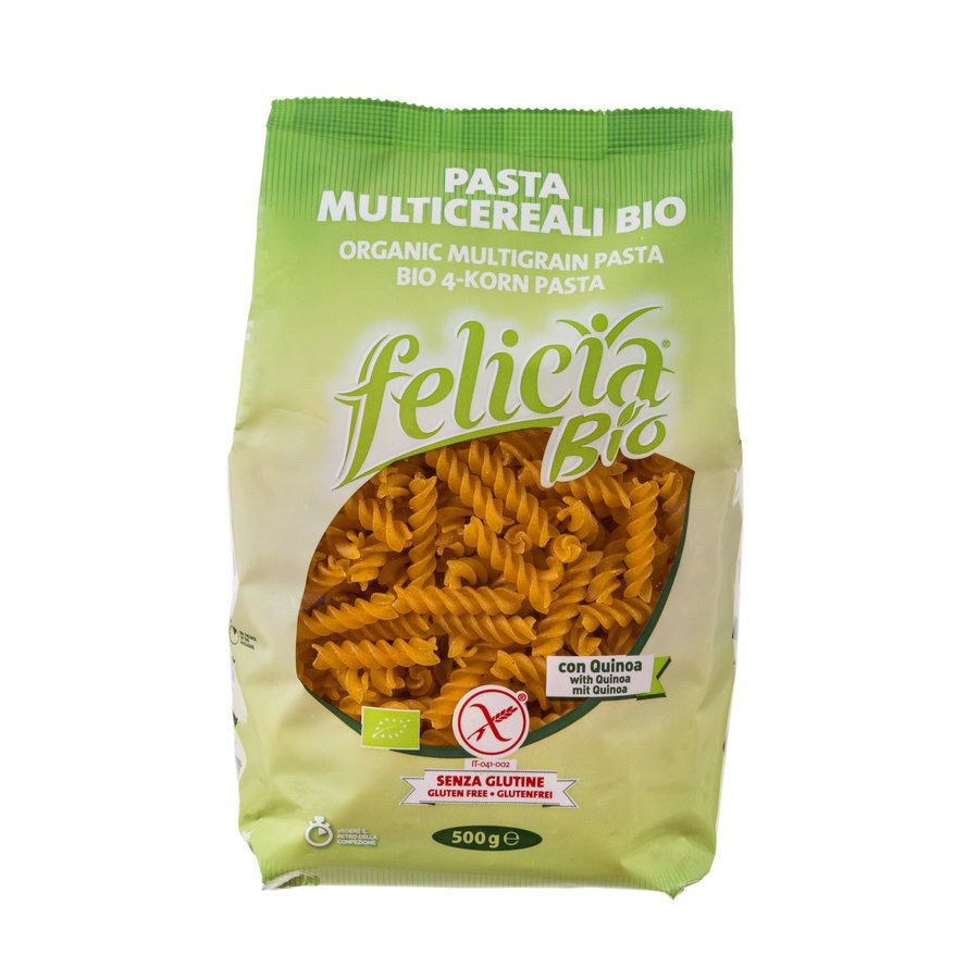Verpackung mit Fusilli-Nudeln. Aufschrift: Felicia Bio, Pasta multicereali bio, glutenfrei. Enthält Quinoa. 500g.