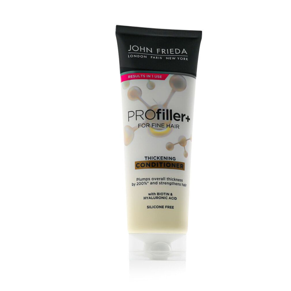 Tube John Frieda Profiller+ Conditioner für feines Haar. Schwarzer Deckel, weißer Körper mit Produktinformationen und Logo.