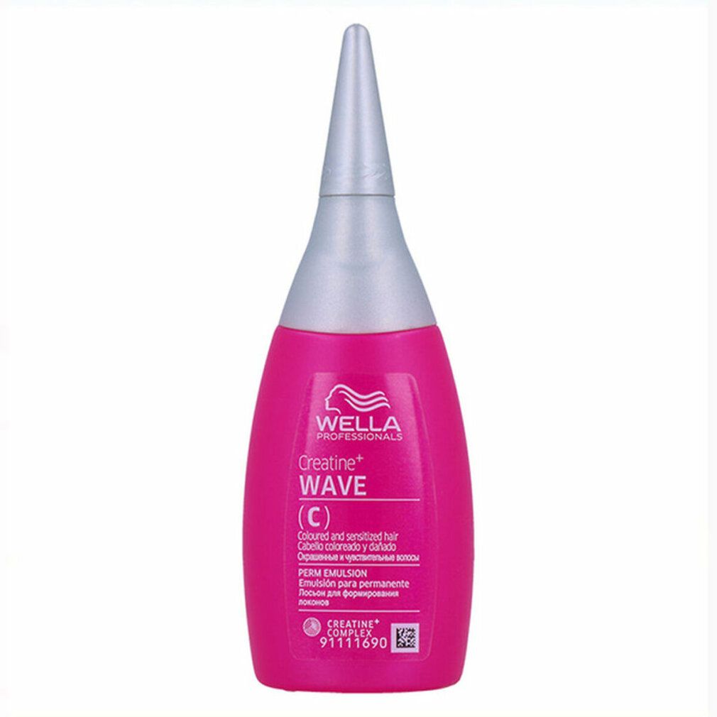 Rosa Flasche mit silberner Spitze. Beschriftung: Wella, Creatine Wave (C), Perm Emulsion.