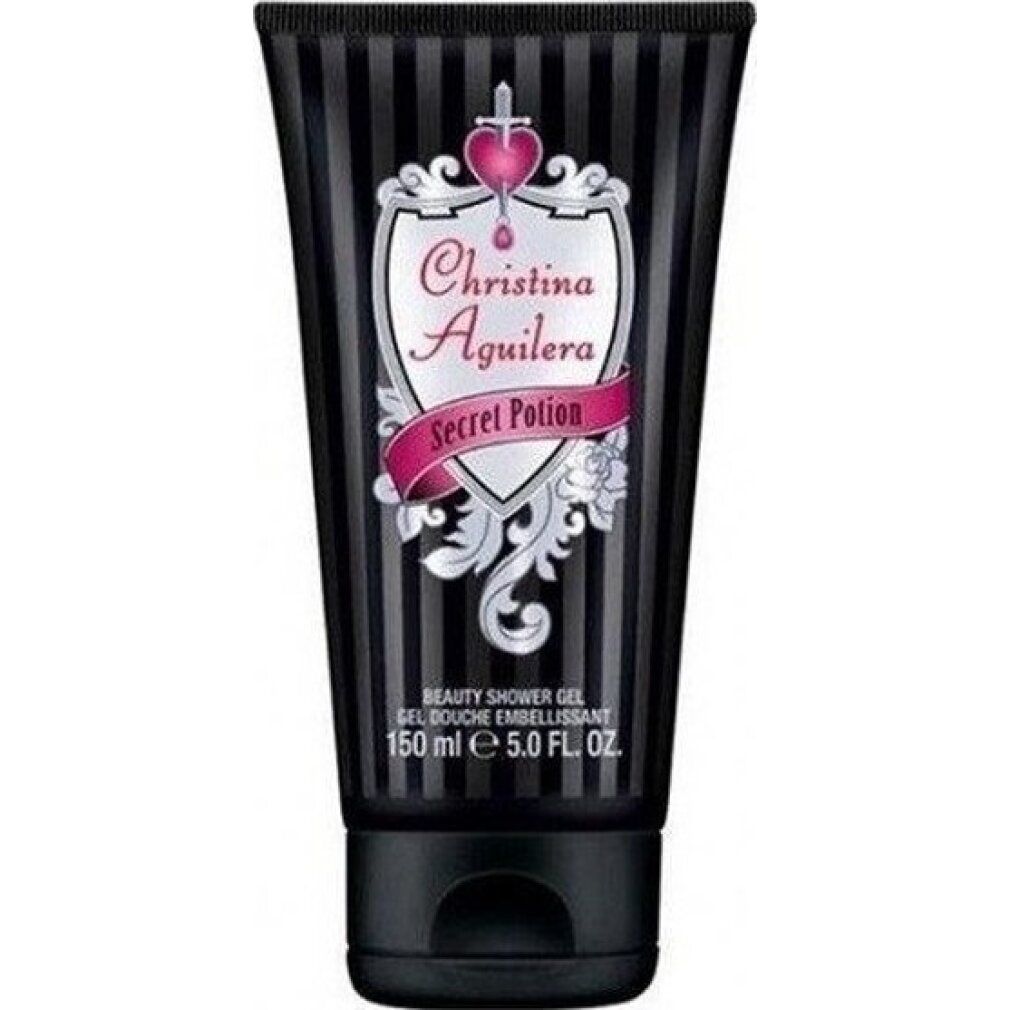Schwarze Tube mit vertikalen Streifen, Christina Aguilera Secret Potion Duschgel, 150 ml.