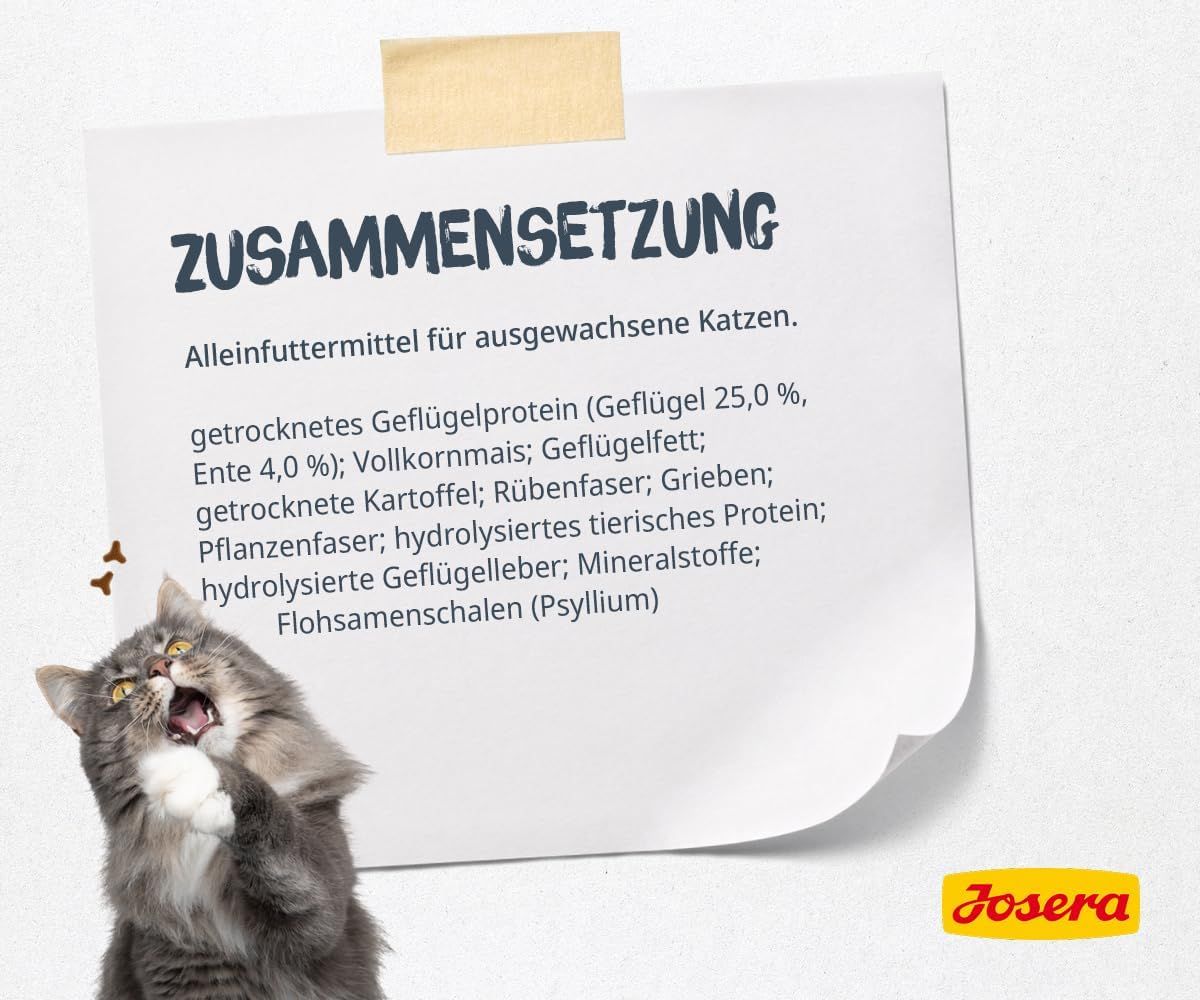 Josera Catelux Katzennahrung: Zusammensetzung mit Zutatenliste und einem gähnenden Kater.