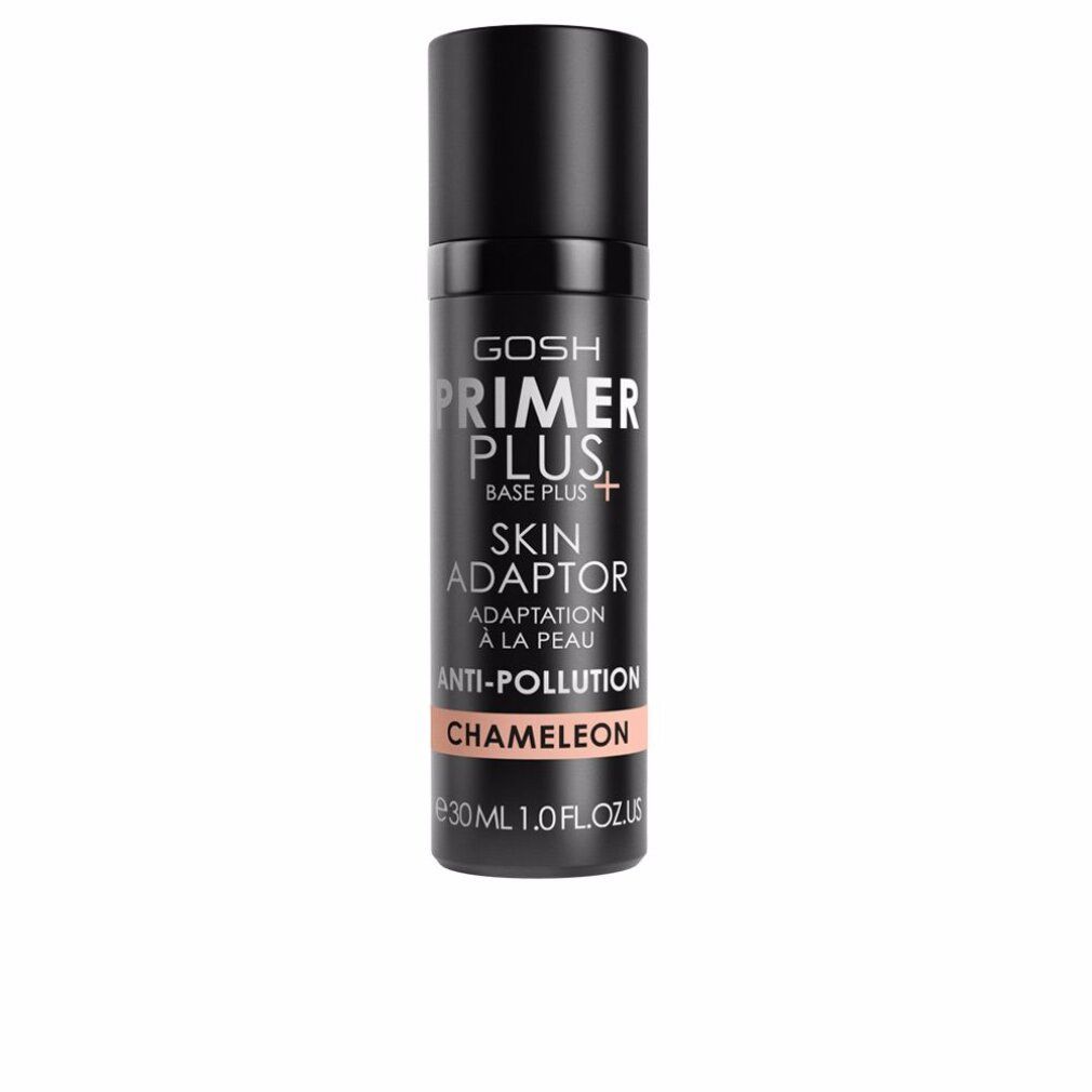 Schwarze Flasche mit Aufschrift PRIMER PLUS+, SKIN ADAPTOR, ANTI-POLLUTION, CHAMÄLEON. 30 ml.